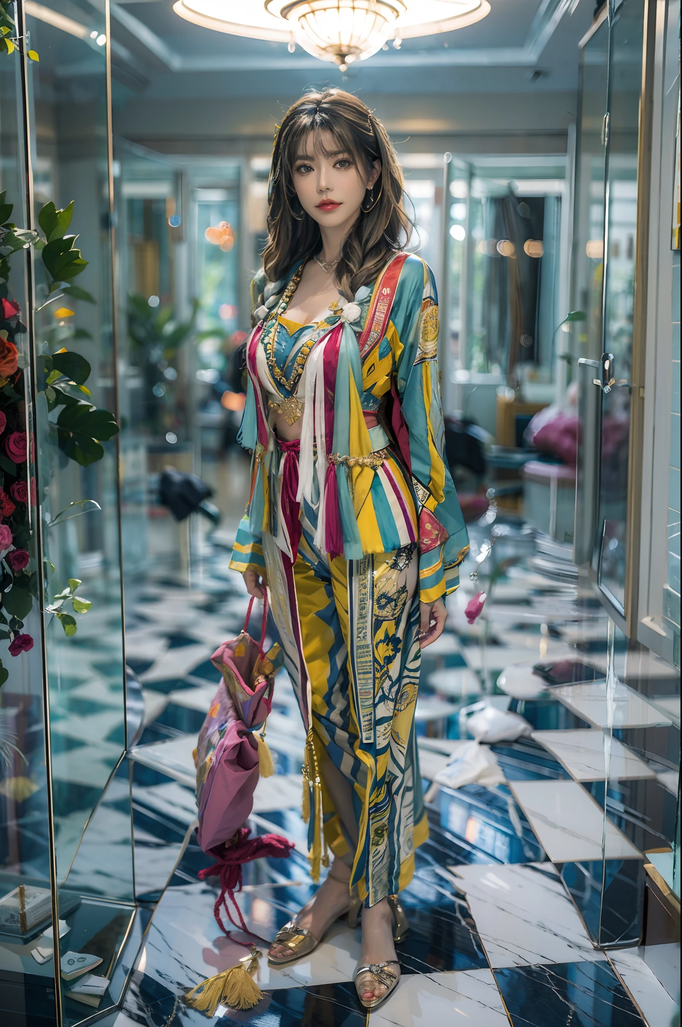 Imagen de cuerpo completo. A woman dressed in a strange striped suit made of silk. She is in a beautifully decorated and modern room. With excellent lighting. Image taken with Sony evil alpha one camera and Sonnar T FE 55 mm F1,Lente 8 ZA. (La mejor calidad)  obra maestra ((pechos muy grandes)) ((cabello rubio)) (cuerpo delgado)