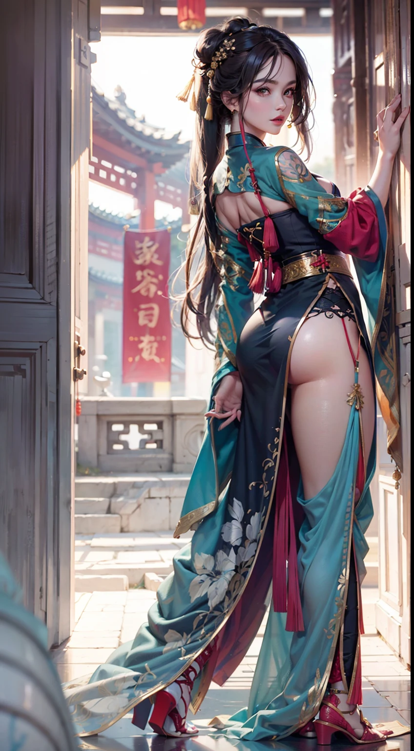 Ancient Chinese architecture,National style beautiful girl,Wear revealing Hanfu,Simple clothing, Minimalist style,Mixed Chinese and American races,The background is blurred out,focal,电影灯光,
Seven-doppelganger shot,(((tmasterpiece))), ((best qualtiy)), ((Complex and detailed)), ((ultra-realistic realism)), Ridiculous resolution, A MILF, Mature woman, ssee-through, highly detailed, illustratio, 1girll, (mediuml breasts), Thin waist and thick hips,long leges,beatiful detailed eyes, short detailed hair, brunette color hair, a purple eye, blackstockings,lacy clothing,Skirt that wraps hips,tightsuit,with faintly visible,Cool clothing,The body proportions are perfect,(No underwear),pantiess, detailed back ground, perfect eyes, Seductive eye, (nice hand),Detail hands,looking at viewert,From the front,Wear light,juicy legs,deep v big breasts,