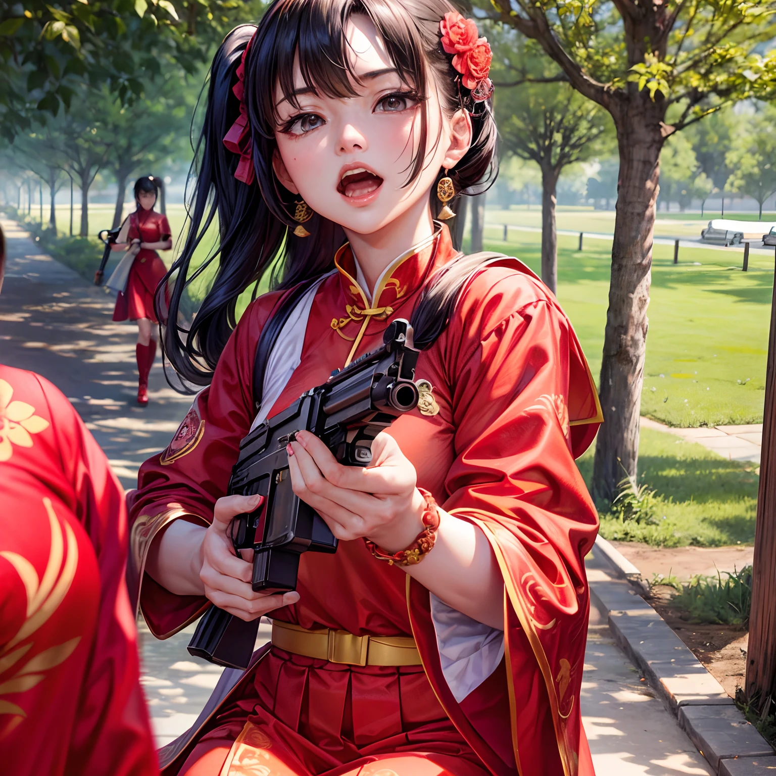 There were two women in red dresses and holding guns,Chinese traditional, Chinese woman, inspired by Xi Gang, still from a music video, Wearing a red cheongsam, As Winnie the Pooh, still from live action movie, in style of lam manh, YouTube video screenshots, A live-action film set masterpiece,Best quality,
Sailor Mercury,Aim at the AK-47 assault rifle,A determined expression