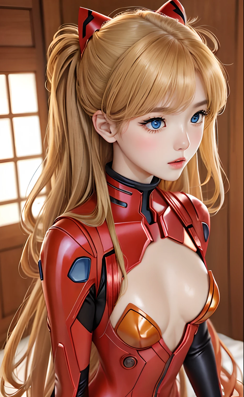 realisitic、a picture、high-level image quality、独奏、Perfectly detailed face、Detailed blue eyes、ighly detailed、red blush、hair adornments、Chignon mahogany hair、(blonde  hair)、Plug Suit 02,Shikinami Asuka Langley、Slender beautiful legs、 Young Face、Pretty eyes、full body suits、Torn suit、Chest fluttering、Chest exposed、Background of Hakone