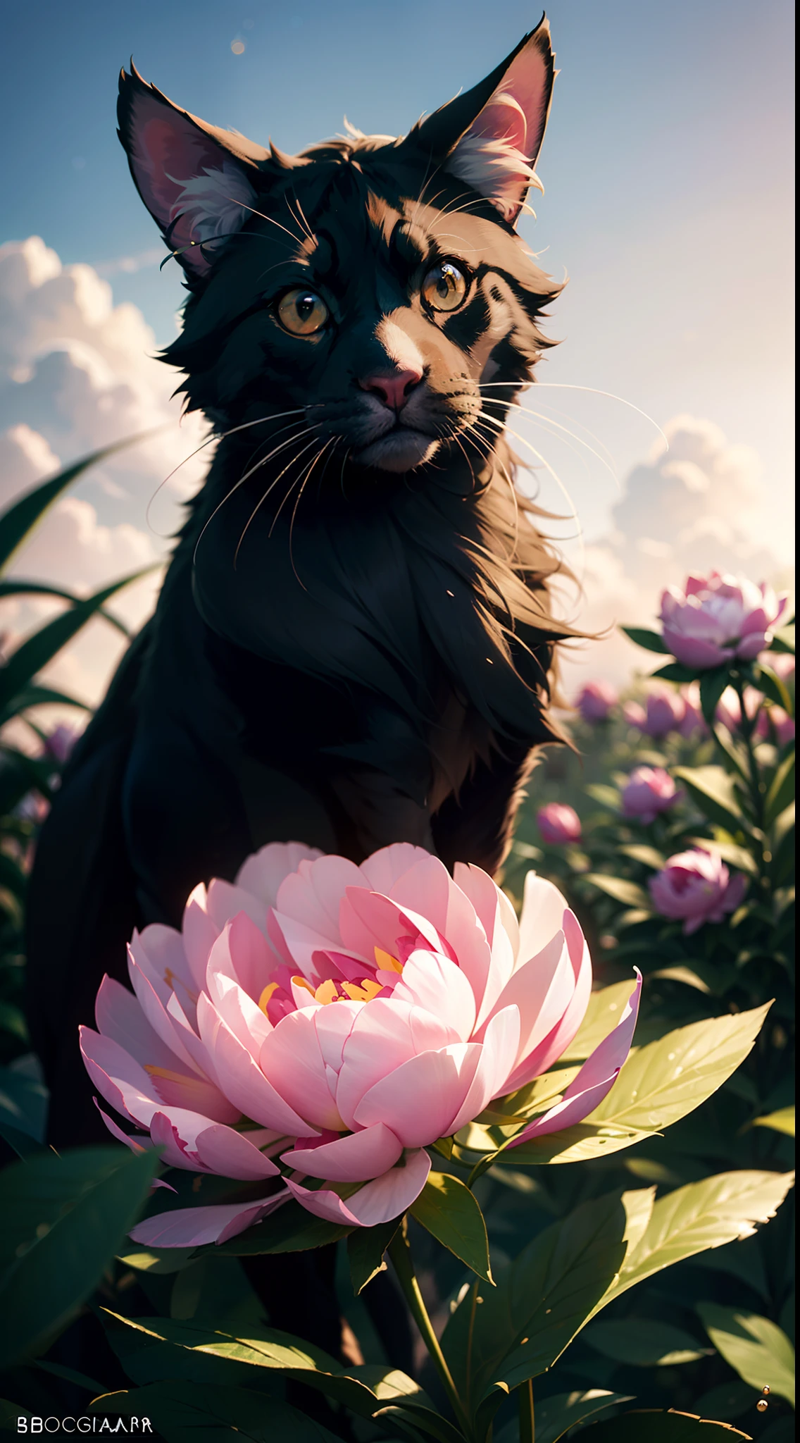 DreamShaper:3.2, Photography, BotanicalUSA,  Peonies, a black maincoon, neon clouds, soft Light, bokeh , macro, no add human, no add hand, macro