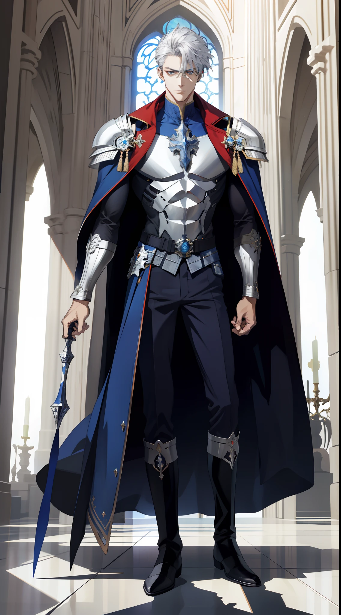 (absurderes,A high resolution,ultra - detailed),1male people,AS-Adult,handsome,Tall muscular man,a broad shouldered,Fine and detailed eyes and detailed face,blond hairbl,cavalier,Blue-silver heavy armor,Red cape,Blue helmet,Black boots,Black pantsuit,sankta,cathedrals,religion,exalted,battlefiled,standing on your feet,Full body photo