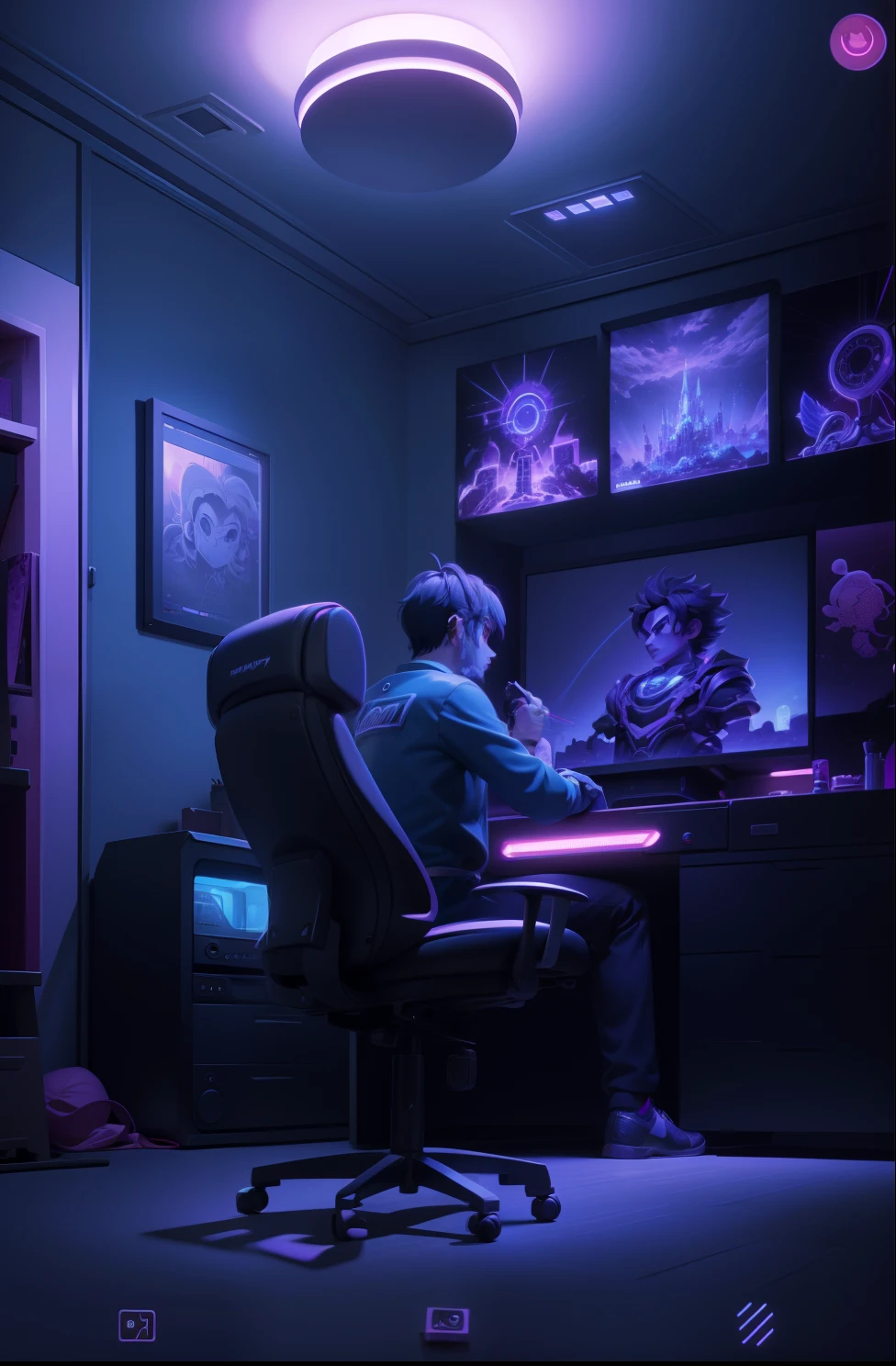 （tmasterpiece），（Most Best Illustration），（without humans），anime backgrounds，Game Bedroom，TV with mainframe computer，Ring lighting，edge lit，（Very detailed CG unity 8k wallpaper），（tmasterpiece），（best qualtiy），（vaporwave style），（ultra - detailed），（Most Best Illustration），（best shadow），perfect litthing，perfect anatomia，vivd colour，Disney,3D animation style