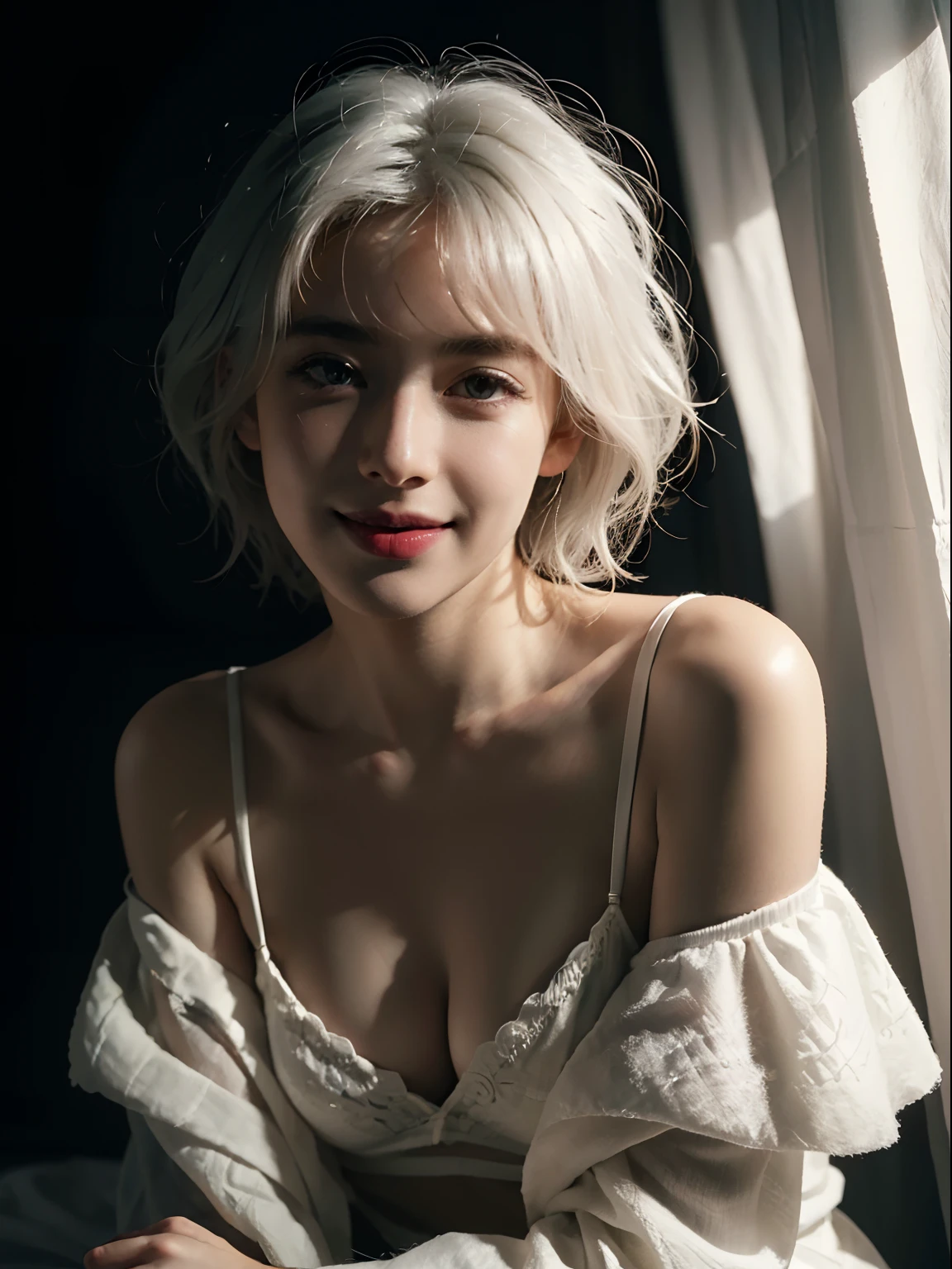 Best quality, masterpiece, ultra high res, (photorealistic:1.5), raw photo, 1girl, offshoulder, in the dark, deep shadow, low key, cold light, sexy look, white hair, short wavy hair, light smile, white lingerie