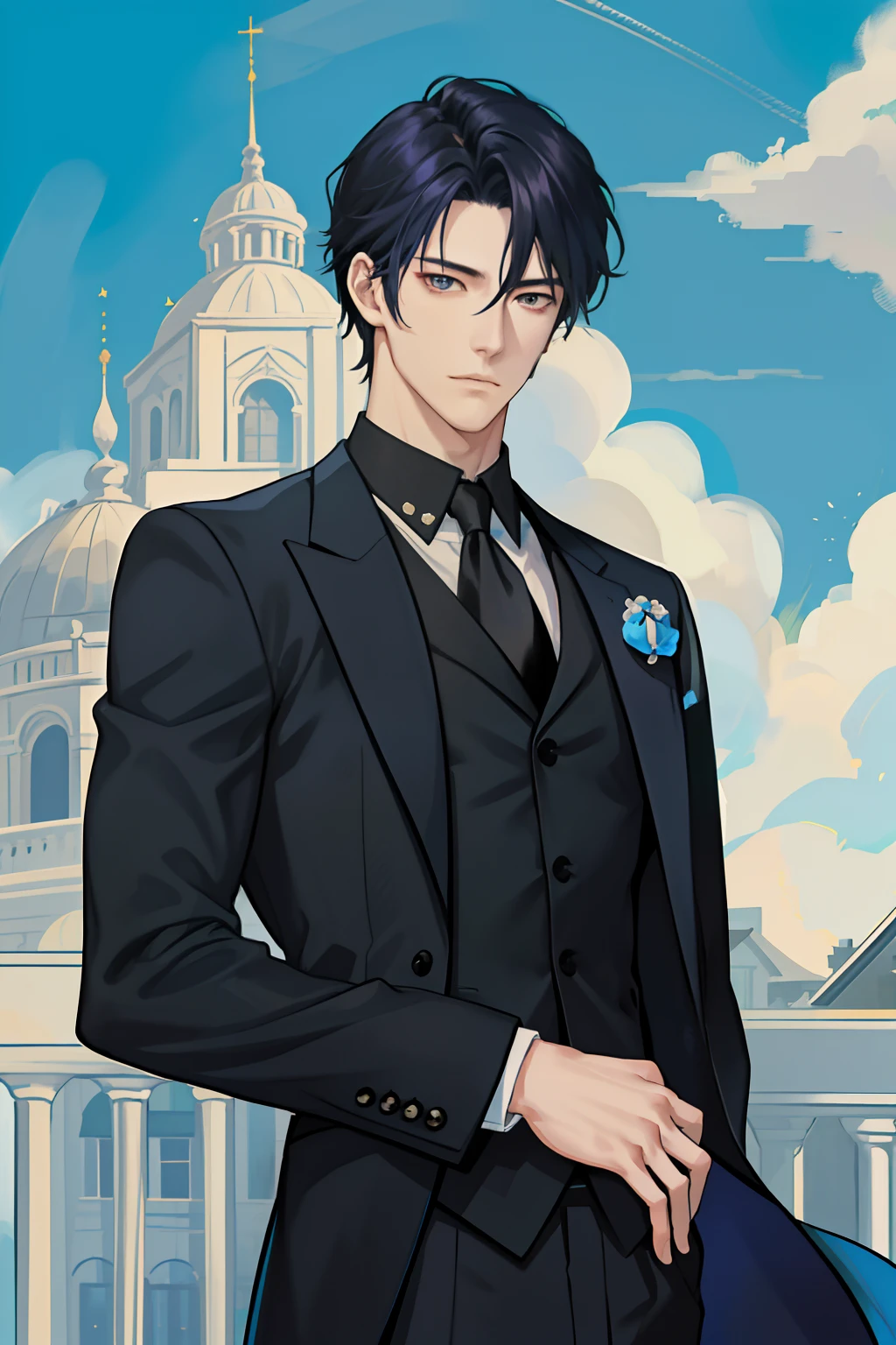 tmasterpiece，best qualtiy，realisticlying，1人，malefocus，tall muscular，Handsome，expressiveless，mizore，Keep one's mouth shut，Overlooking，In black suit，sportrait，very vey very detailed face，Blue sky
