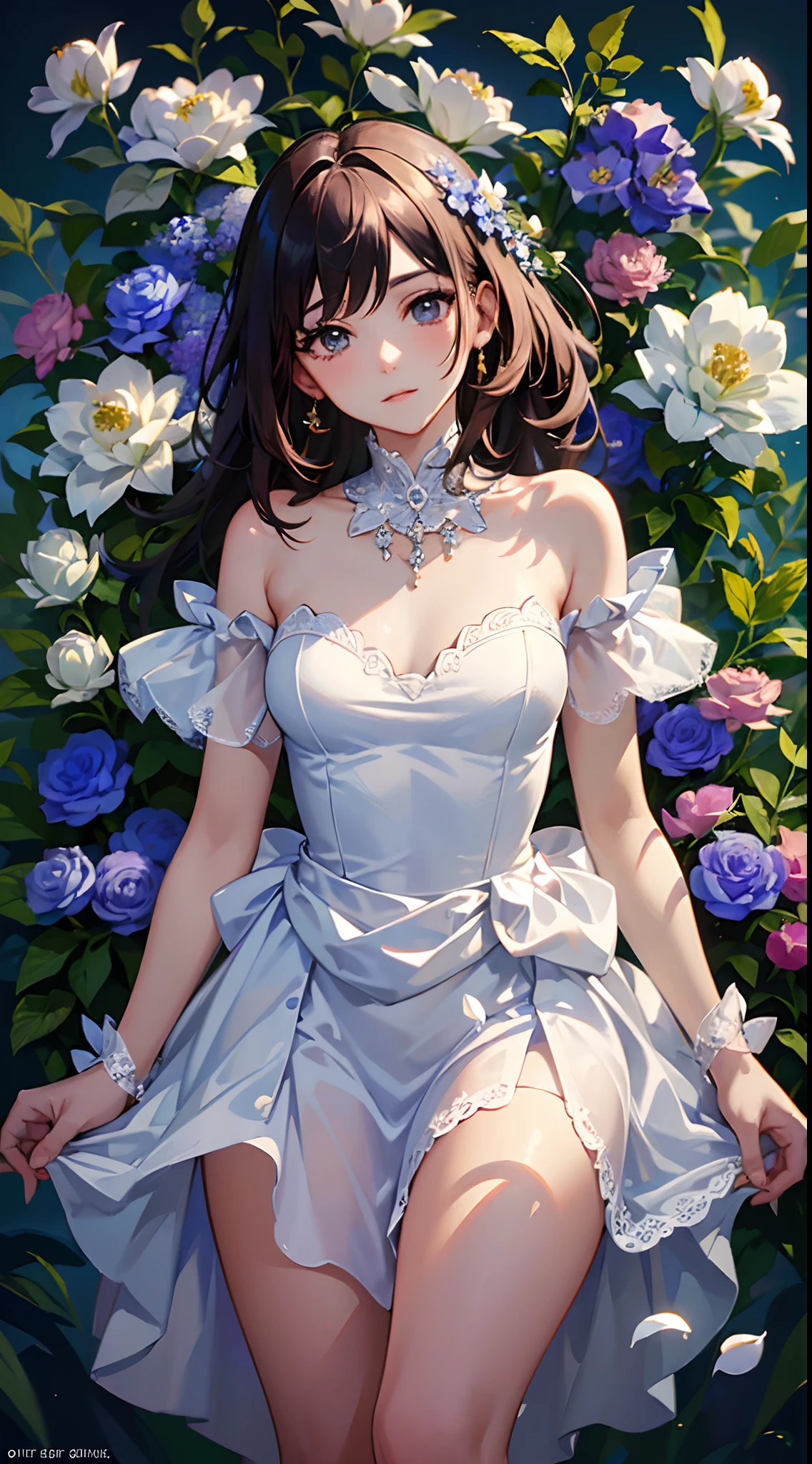 (masterpiece, best quality:1.6), white lace dress, cowboy shot, thighs, beautiful girl, (flowers, many small white petals:1.3), garden, blue sky, looking at viewer, small waist, official art, raw photo, incredibly absurdres, facelight, dynamic lighting, cinematic lighting, ultra realistic, highres, photography, sharp focus, highest detailed, extreme detailed, ultra detailed, finely detail, extremely detailed eyes and face