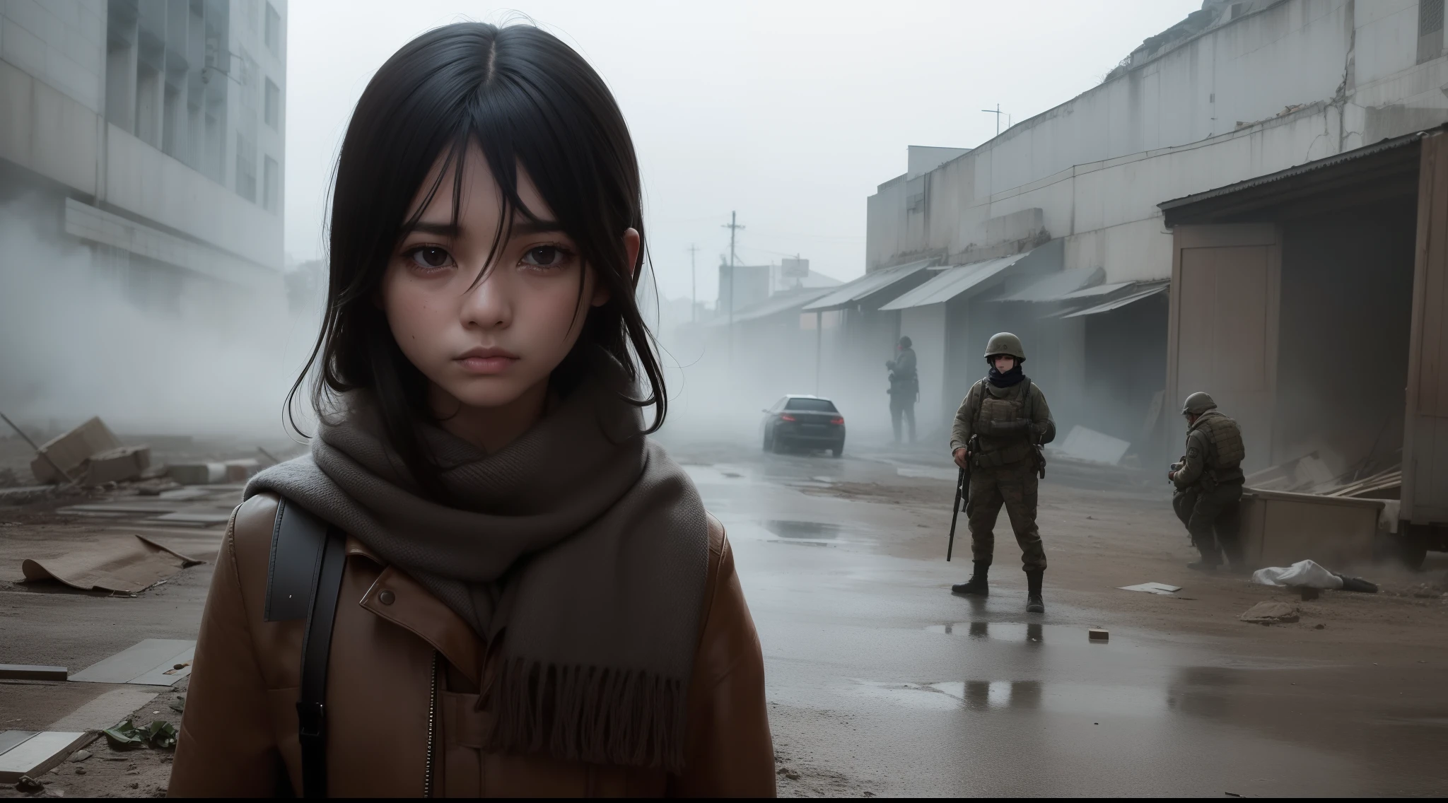 Foto realista, Homem meia idade, whitish eyes, marks of tired expression, cabelos pretos liso ondulado, pele clara, suja, casaco cinza, scarf around the neck, olhar triste chorando lagrimas suave, in desperation woman wavy black hair and messy on her knees praying, rosto cansado, choro suave, 12-year-old child crying post-apocalyptic scenario, Apocalyptic environment, fog and smoke, a crowd in despair blurred in the background. soldiers threatening people with batons. oppressed people being threatened, pessoas correndo em desespero. Sharp image Unreal Engine 5.