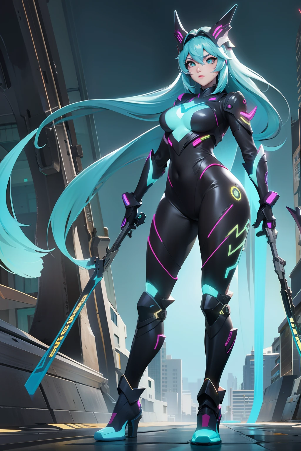 Black and white two-color long straight hair side ponytail young female swordsman turquoise fluorescent full body tights sci-fi armor chest cleavage panties pantyhose high shoes apocalyptic ruined city