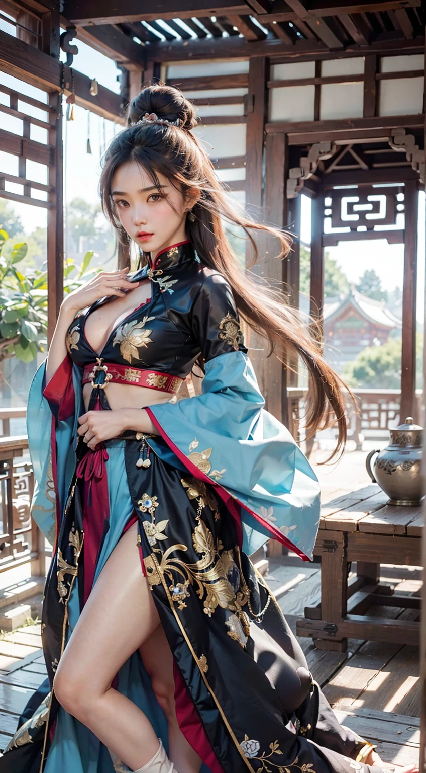 Ancient Chinese architecture,National style beautiful girl,Wear revealing Hanfu,Simple clothing, Minimalist style,Mixed Chinese and American races,The background is blurred out,focal,电影灯光,(((tmasterpiece))), ((best qualtiy)), ((Complex and detailed)), ((ultra-realistic realism)), Ridiculous resolution, A MILF, Mature woman, ssee-through, highly detailed, illustratio, 1girll, (mediuml breasts), Thin waist and thick hips,long leges,beatiful detailed eyes, short detailed hair, brunette color hair, a purple eye, blackstockings,lacy clothing,Skirt that wraps hips,tightsuit,with faintly visible,Cool clothing,The body proportions are perfect,(No underwear:1.2),detailed back ground, perfect eyes, Seductive eye, (nice hand),Detail hands,looking at viewert,From the front,Wear light,juicy legs,deep v big breasts,