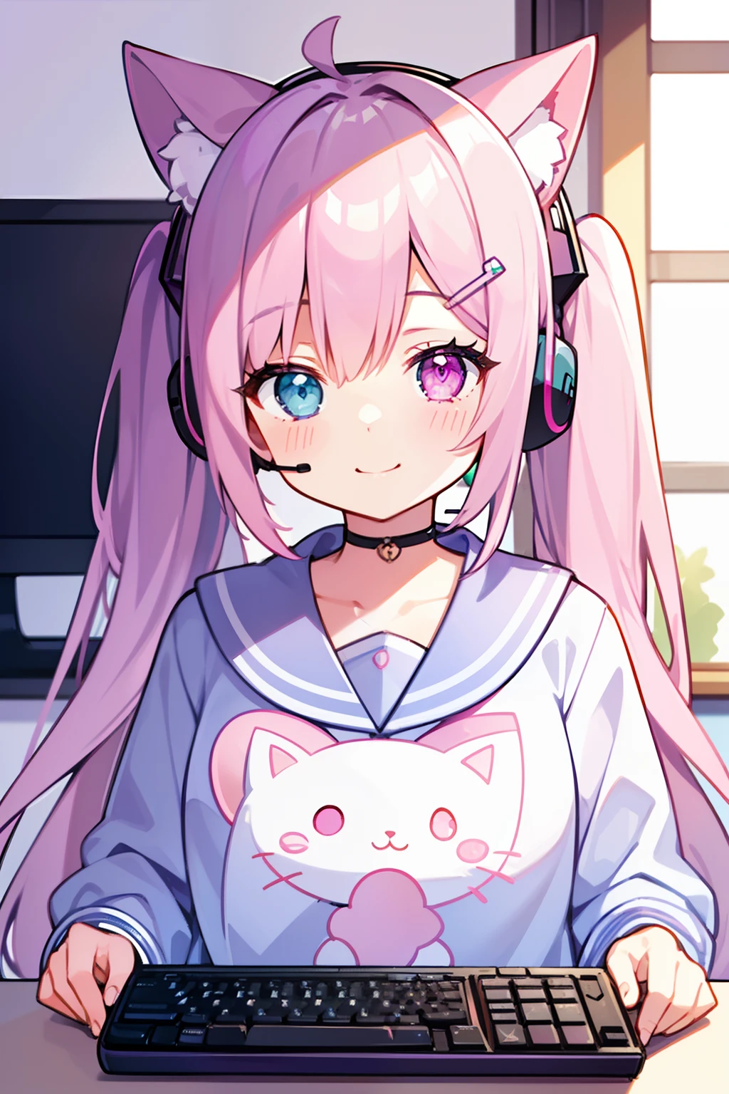masterpiece, best quality, 1girl, solo, light purple hair, long hair, twintails, Heterochromia, ((pink right eye)), ((light blue left eye)), cute dress, smiling, looking at viewer, a white rabbit hair pin, cat ear gaming headset, holding a game controller, in the room, computer