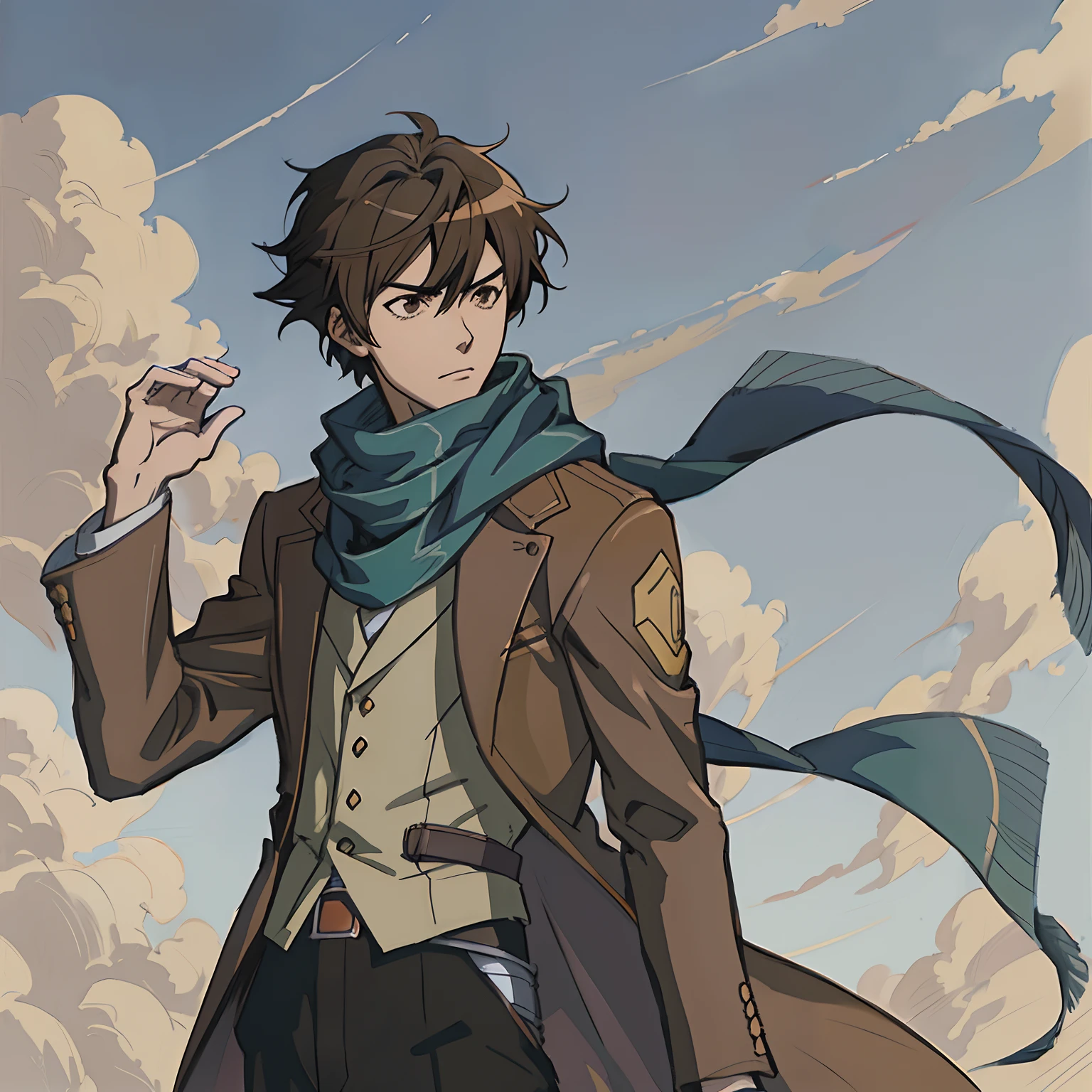 Anime - Stylistic image of a man in a brown jacket and scarf, Anime handsome man, Makoto Shinkai ( apex legends ), Anime portrait of a handsome man, kentaro miura art style, made with anime painter studio, kentaro miura manga art style, makoto shinkai art style, Shinkai Makoto style, drawn in anime painter studio