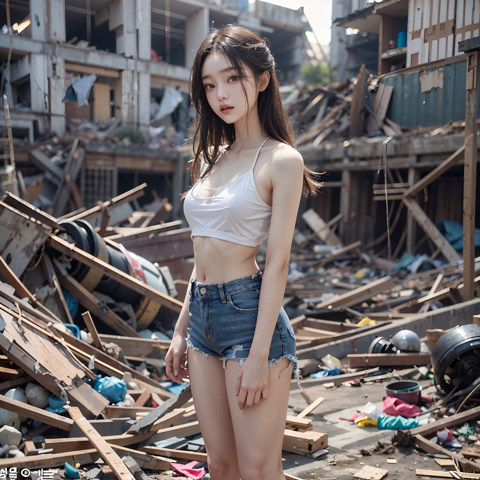 Abandoned construction sites，Garbage all over the ground，Devastated，Dilapidated，Sexy standing pose，18 years old korean beauty，（Slender and slender figure），As thin as a whipping post，The barefoot，(((Random nudity all over the body)))，exhibitionists，Random exposure of genitals，face to the viewer