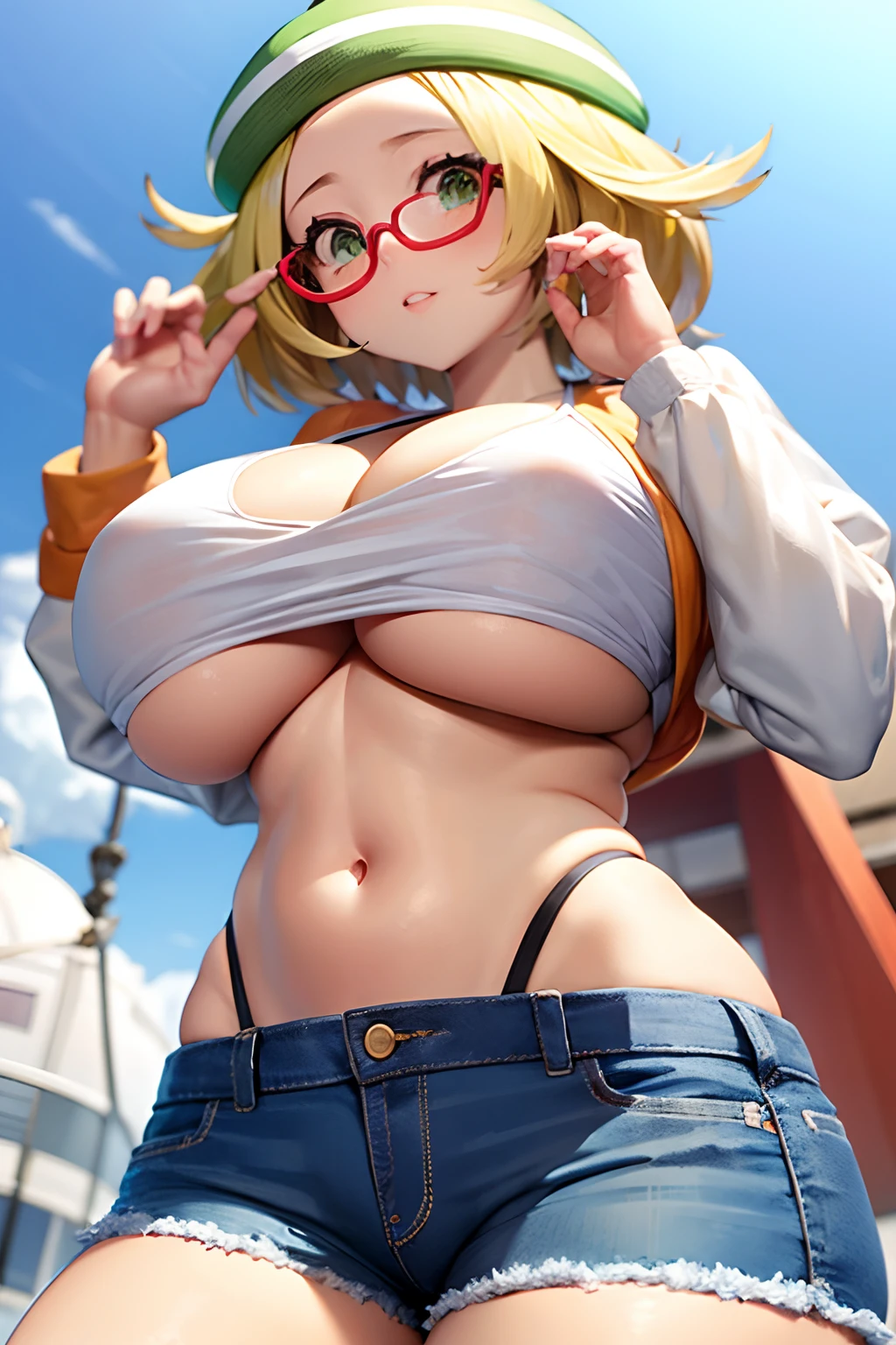 masterpiece, best quality,crop top,denim short shorts, thighhighs,(blonde hair:1.3),(bianca:1.5),red glasses,gigantic breasts,short hair,beach,from below,underboob