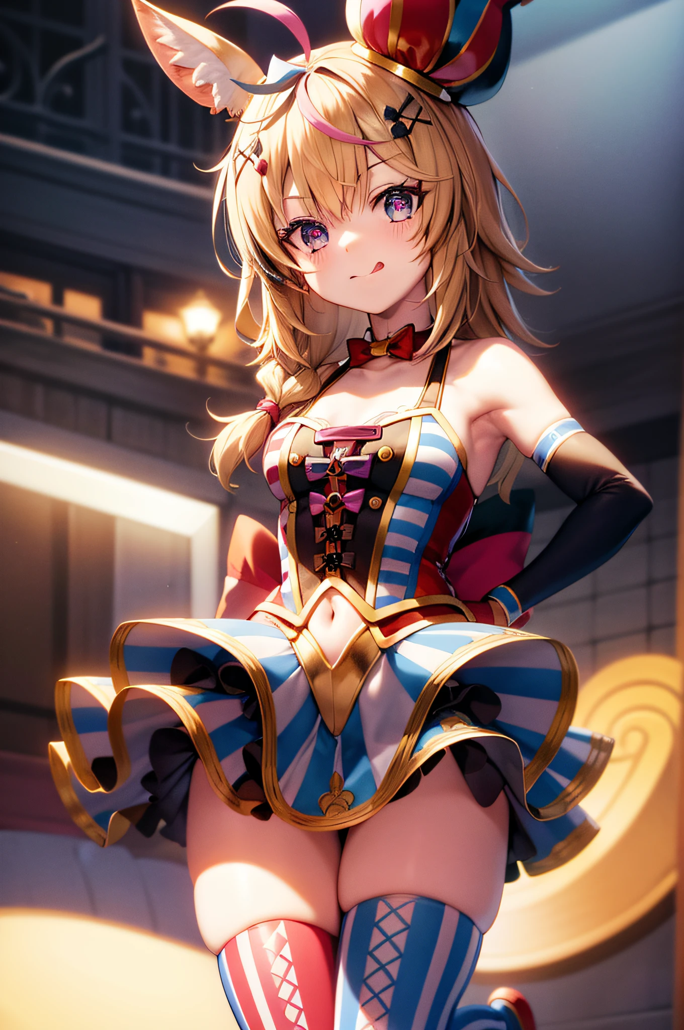 Illustration, masutepiece, Best Quality, Anime, Highly detailed face, Highly detailed eyes, Highly detailed background, Perfect Lighting, 1girl in, OP1, Animal ears, hair clips, striated hair, Hair Bow, JESTER CAP, Fox tail, thighs thighs thighs thighs, navel cutout, mismatched legwear, elbow groves, Red Glove, Bare shoulders, vertical stripes, Skirt, Standing, Smile, circus,stick out one's tongue,Shortcut Hair