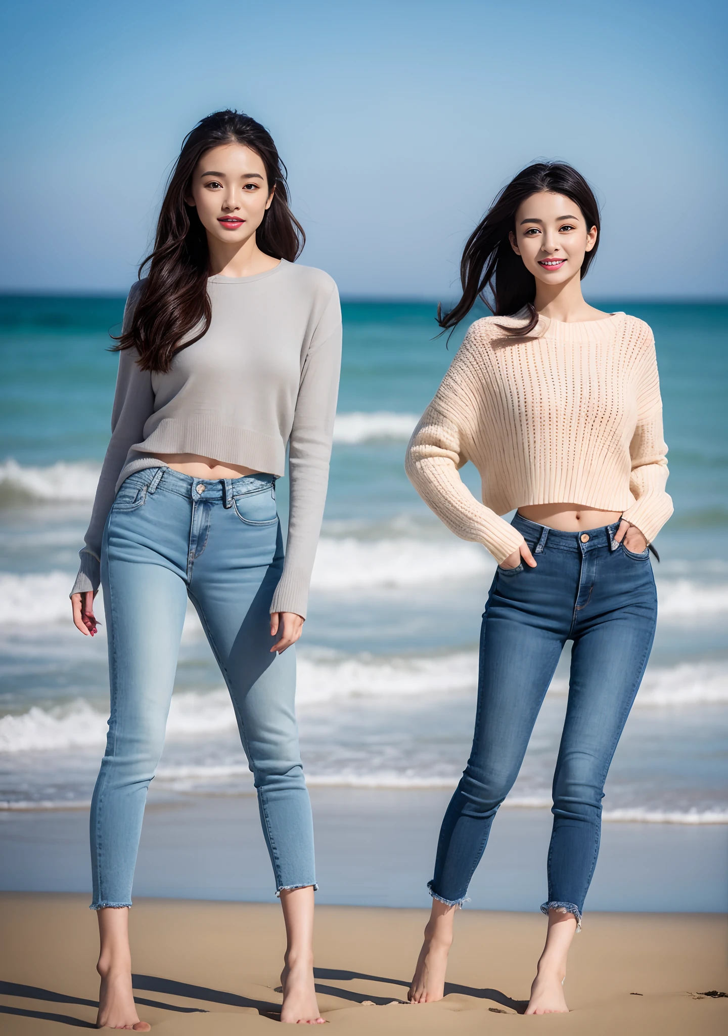 Woman in jeans on the beach，Practice yoga movements（Elegant and solemn movements），Full body shooting:1.8（RAW photogr，超高分辨率，8K,HD,tmasterpiece，best qualtiy），Complicated details， 20 years old Asian woman，Women wearing smoked gray cropped anxiety tight sweater（Slim fit，Fit snugly to the body）and trendy jeans with open navels，Realistic and detailed costumes，Detailed beach，A sweet smile appeared on the little face，The face is white and tender，skin lightening，Ultra-realistic facial details，Beautiful accessories，White skin and beautiful appearance，The skin is as fat as jade，The face is delicate and watery，Playful and coquettish pose，The calves are straight and slender:1.5，Wear high-end branded travel shoes:1.5，eventide，warm color，Broad lighting，naturalshadow，taking a full body photo:1.8