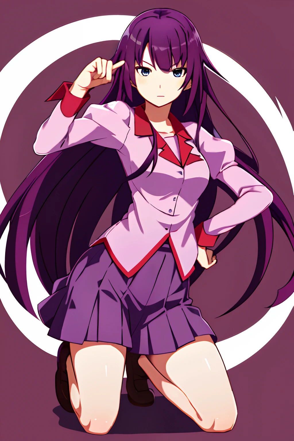 1girll,，Emoji seduction，senjougahara hitagi, Solo, upper legs, Skirt, Long hair, Naoezu High School uniform, Blue eyes, Juliet sleeves, school uniform, Purple hair, shirt, zettai ryouiki, Medium breasts, Very long hair, Purple skirt, Miniskirt，squatting pose