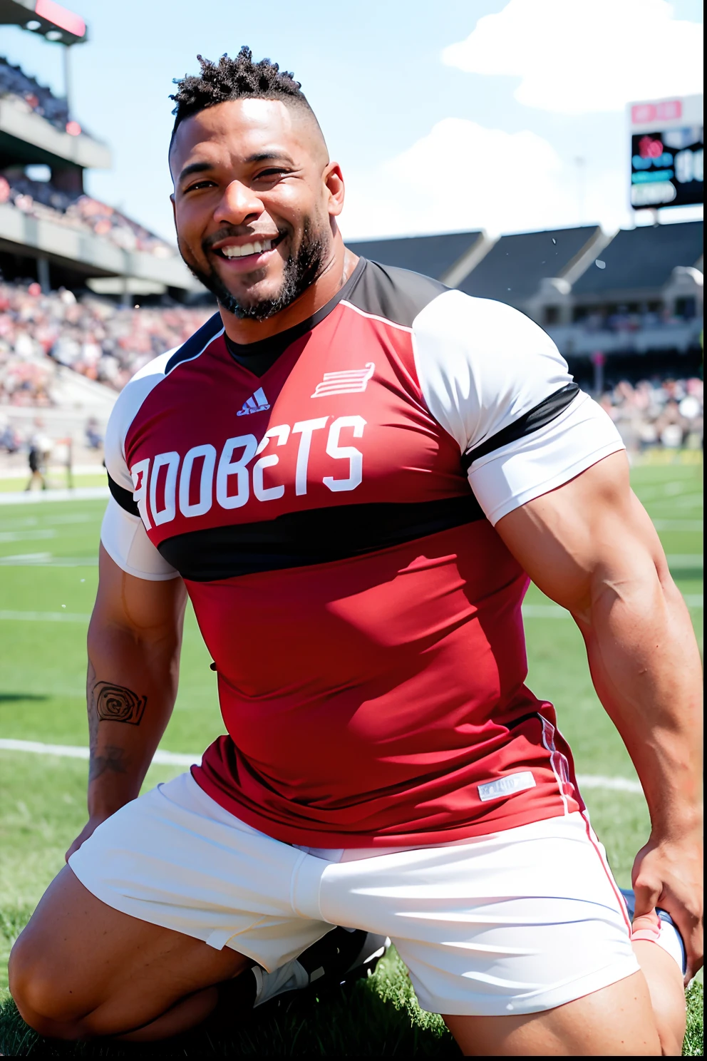 Photo of African American kneeling on a football field in soccer uniform, robust stocky body, A 50-year-old male, Anime face,man bear pig,Pink complexion, Short and thick,500 lbs,chunky,strong muscle,Raised sexy,There are tattoos all over the body,Thick thighs,is shy,perspire,Get wet all over your body,attractive smile, musculous, dad bod, he is about 50 years old, he is about 50 years old, Super buff and cool, attractive beefy man