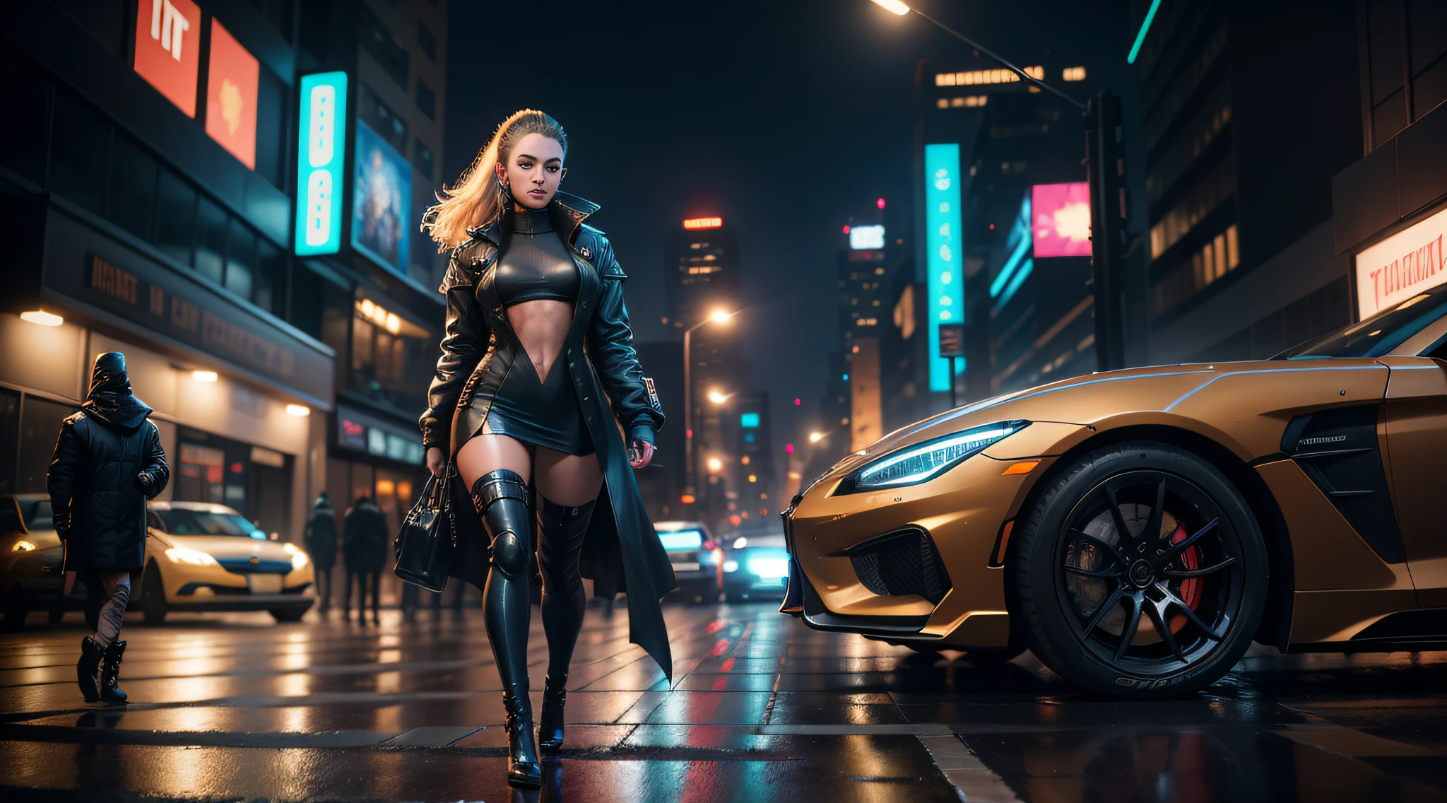 Blade Runner style futuristic city, neon buildings, cars, lightning, 3d rendering Beeple. At night, (1girl, solo, alone), photorealistic, medium-breast slim:0.6 body, oval:0.5 face, cleavage:1.1, sexy black laced bra, deep-V, (low angle view of miniskirt), white laced panty, coat, (Matrix style black micro sunglasses), ((holding a short gun)), (slightly leaning forward running pose), (half-body thigh level close-up shot), cinematic lighting, ray tracing.