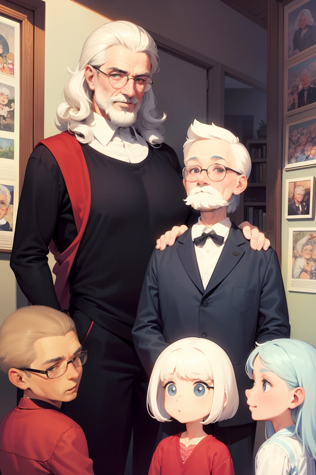 60 year old man, 1.80m tall, hair thrown back, his name is Danilo Merola, his style is similar to Carl Fredricksen, white hair, calm and happy, born in the united states, talking to his grandchildren, next to his big house, comic arts, cartoon