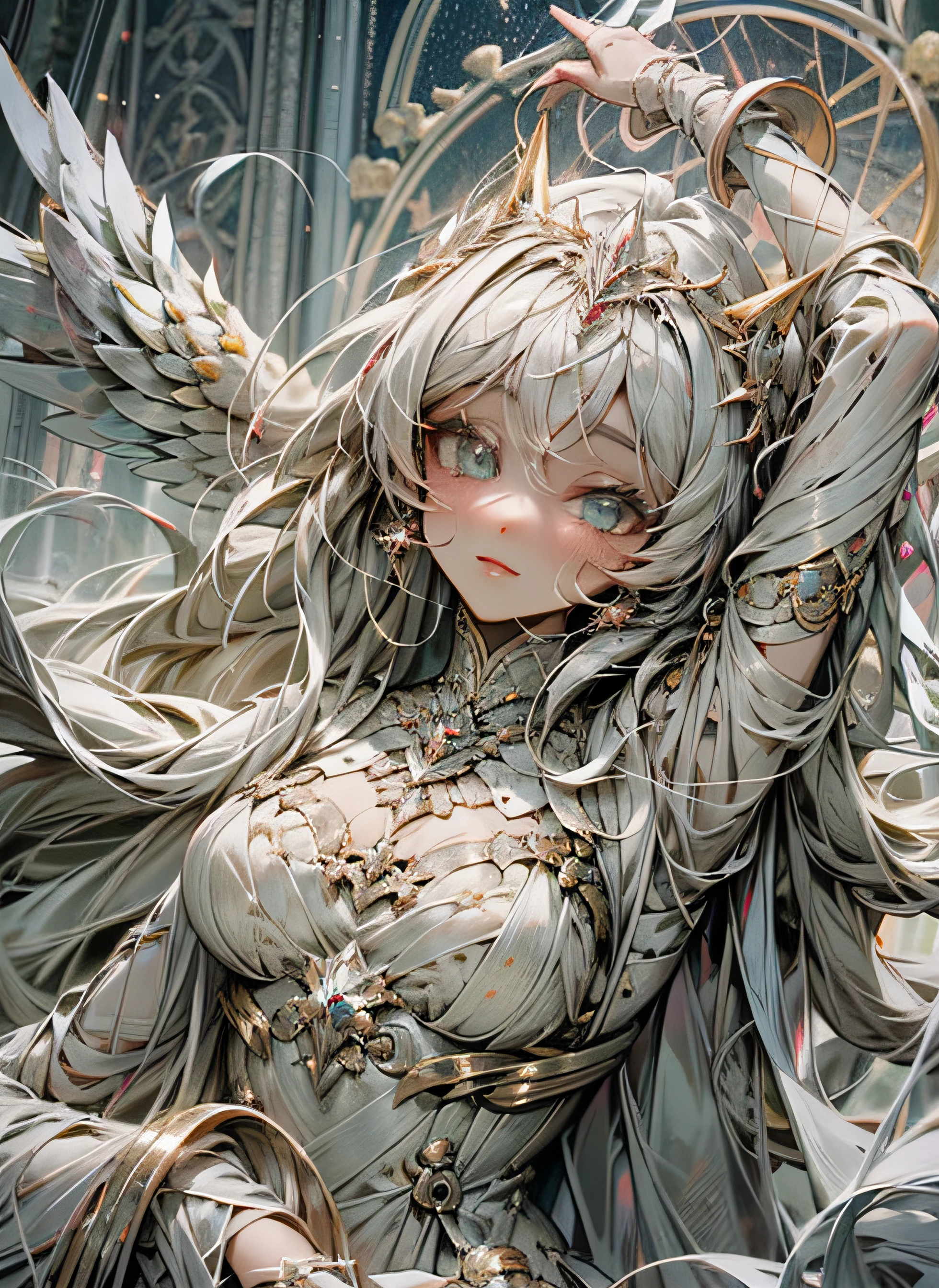 UHD, obra-prima, anatomicamente correto, super detalhe, alto detalhe, alta qualidade, Concedido, mais alta qualidade, alta resolução, 8k, mulher modelo flutuando levemente no ar, (local) interior futurista da nave espacial, (((The audience is angel)), clothes that fuse machines and new dresses. Only the template is displayed. Luz deslumbrante, Halo deslumbrante, Roboto, android, complex machine, Modelo de moda Idloid, sorrir, high exposure, pele humana, vestido luxuoso, (Medieval aristocratic dress: 1.3), Observer Clock, soft metal fabric, vestido de corrida branco de neve bonito, artistic Race, (pernas humanas, pernas bonitas da pele, pernas bonitas. The concrete representation of love is an ethereal and luminous structure that radiates warmth and brightness. Ela se assemelha a um delicado cristal tridimensional, formed by an intricate network of interwoven golden threads. Esses fios de ouro irradiam suavemente uma luz suave, que varia entre tons quentes de rosa, vermelho e dourado. The structure is fluid, como se estivesse constantemente se movendo, pulsing in tune with the heartbeat of those who observe it;. as the observer approaches, a estrutura parece responder ao seu estado emocional, changing your intensity and patterns of light to reflect the depth of the feeling of love present. As extremidades dos fios dourados se estendem como raios, conectando-se com outras estruturas semelhantes, symbolizing the connections and relationships that love creates.