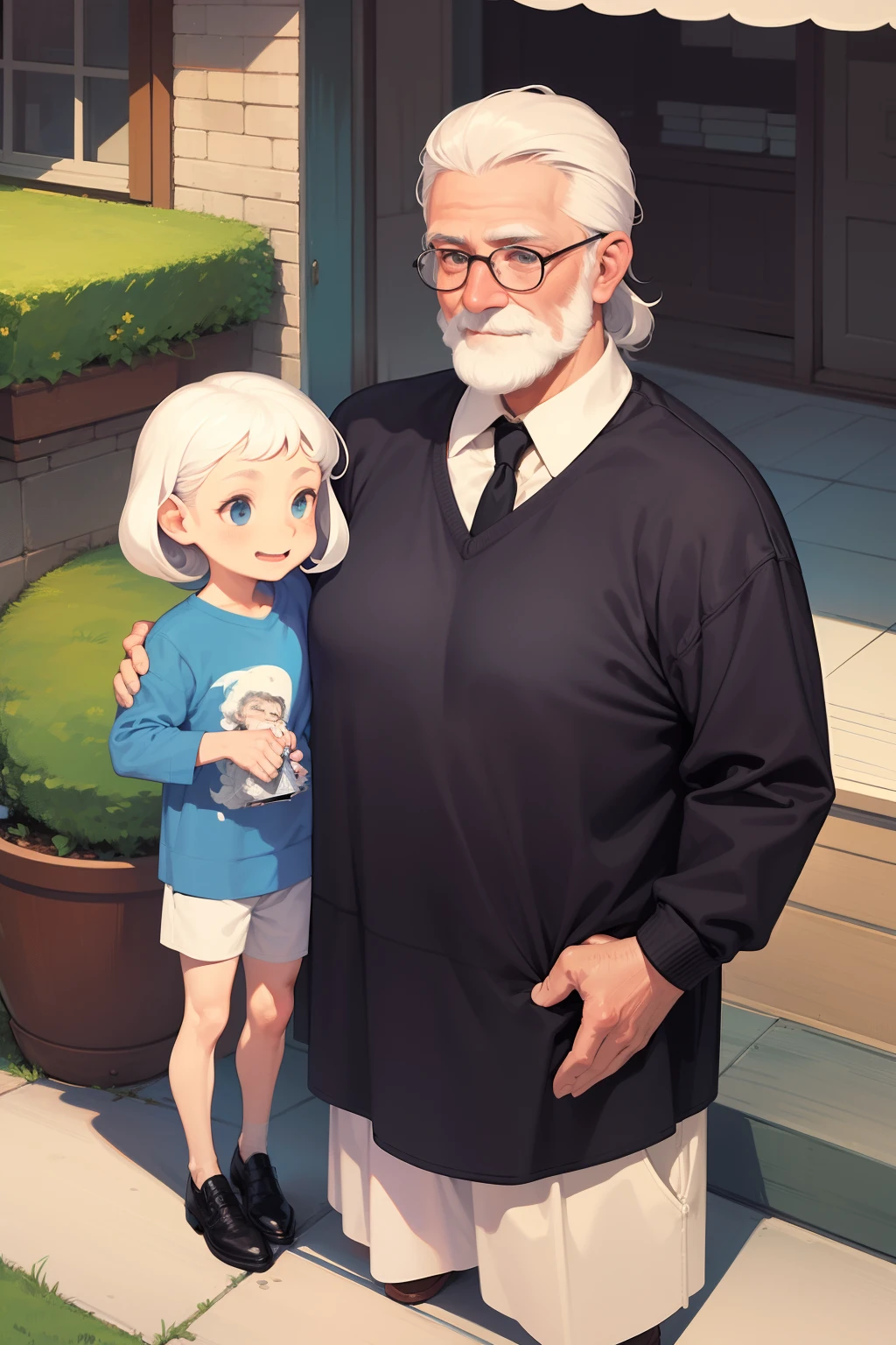 60 year old man, 1.80m tall, hair thrown back, his name is Danilo Merola, his style is similar to Carl Fredricksen, white hair, calm and happy, born in the united states, talking to his grandchildren, next to his big house, comic arts, cartoon