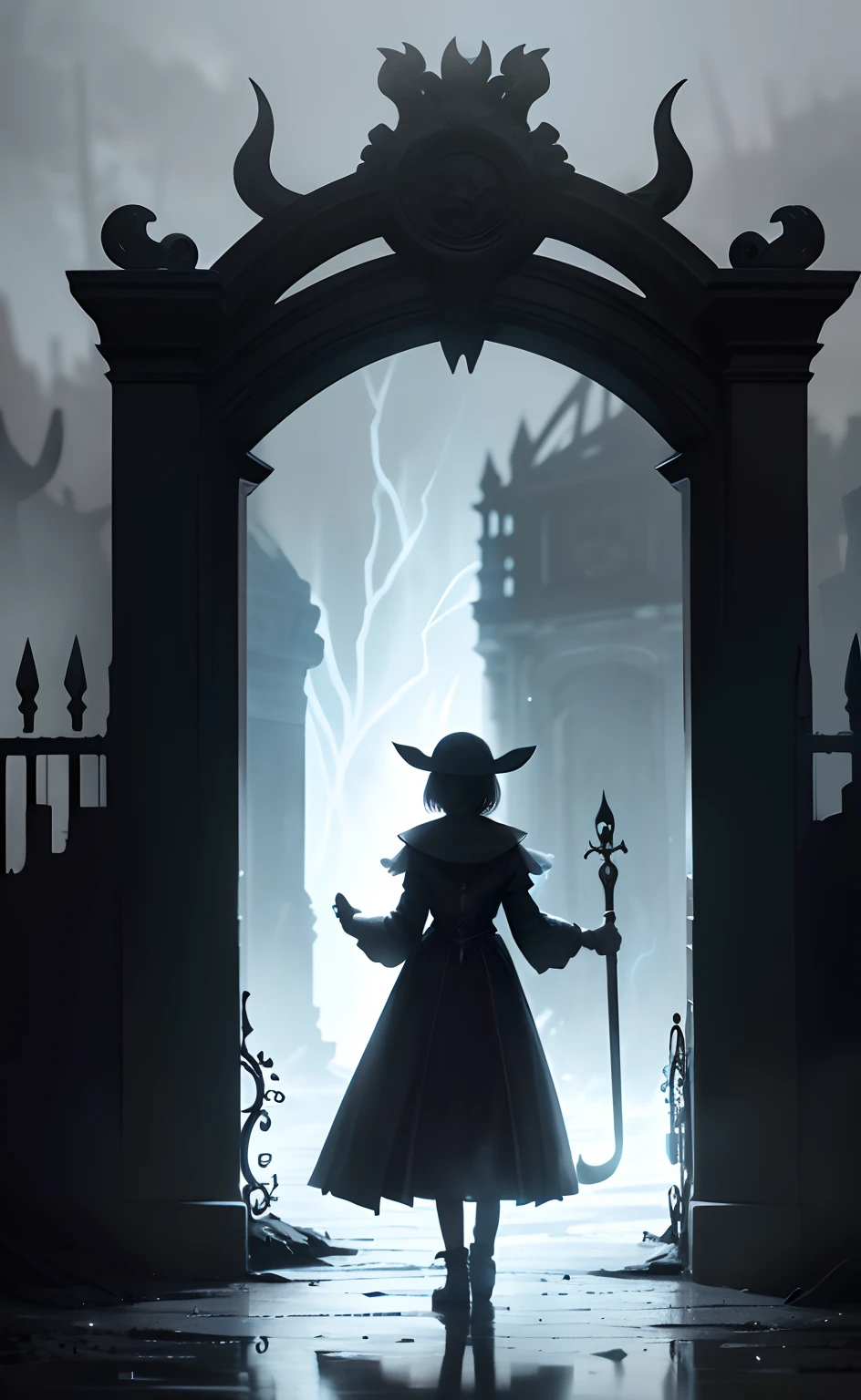 masterpiece, best quality ,In the late hours of the night, a girl stands outside the gate of hell. The gate is wide open, emitting an eerie glow, while numerous terrifying and visible ghosts surround it. silly, mystical, magical, arcane,