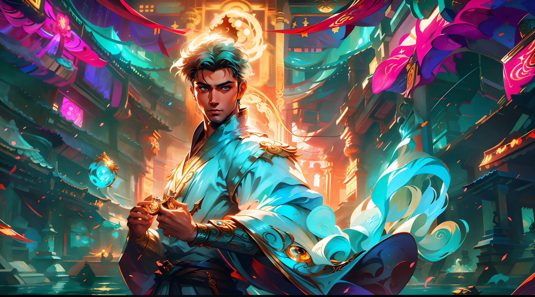 Anime characters with glowing hair and blue robes, handsome guy in demon killer art, rossdraws cartoon vibrant, Ross Tran style, Rosla global lighting, Alphonse mucha and rossdraws, ross tran and bayard wu, G Liulian art style, Ross Tran 8 K, rossdraws 2. 0, Rosla 1. 0, Rossdraws digital painting