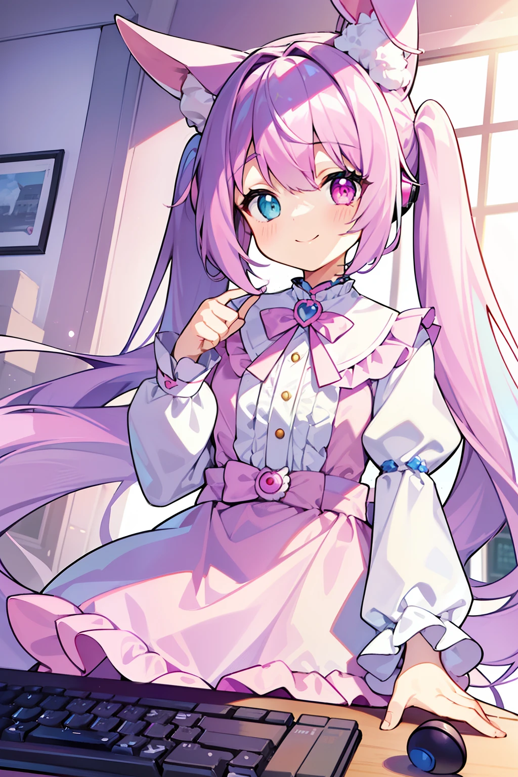 masterpiece, best quality, 1girl, solo, light purple hair, long hair, twintails, Heterochromia, ((pink right eye)), ((light blue left eye)), cute dress, long sleeves, frilled, smiling, looking at viewer, a white rabbit hair pin, cat ear gaming headset, typing on the keyboard, in the room, computer