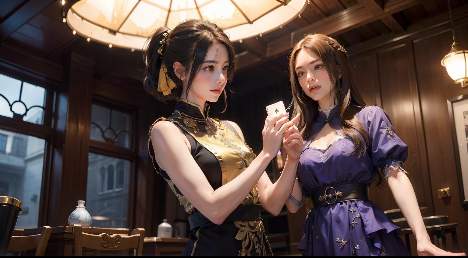 (realisitic,Photorealsitic:1.4),(1 Beauty:1.3),(beautiful countenance:1.5),Detailed shiny skin,A detailed eye,Precise hands and fingers,8K HDR, , masterpiece, (Dynamic angles),电影灯光, Finely drawn backgrounds,Beautiful American,Traditional costume,ligh brown hair,choker necklace,moscow,Inside the building,Playing,