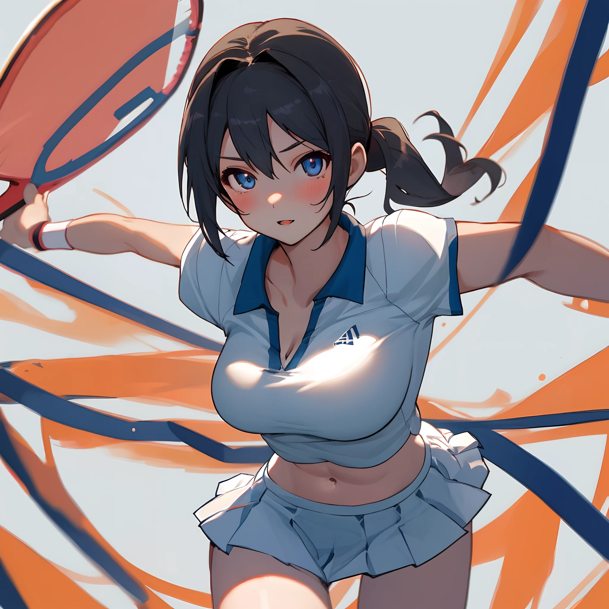 girl with、alone、large full breasts、Sharp body、Detailed eyes、poneyTail、Tennis Wear、a miniskirt、A slender、abdominals、white clothes、A detailed face、hightquality