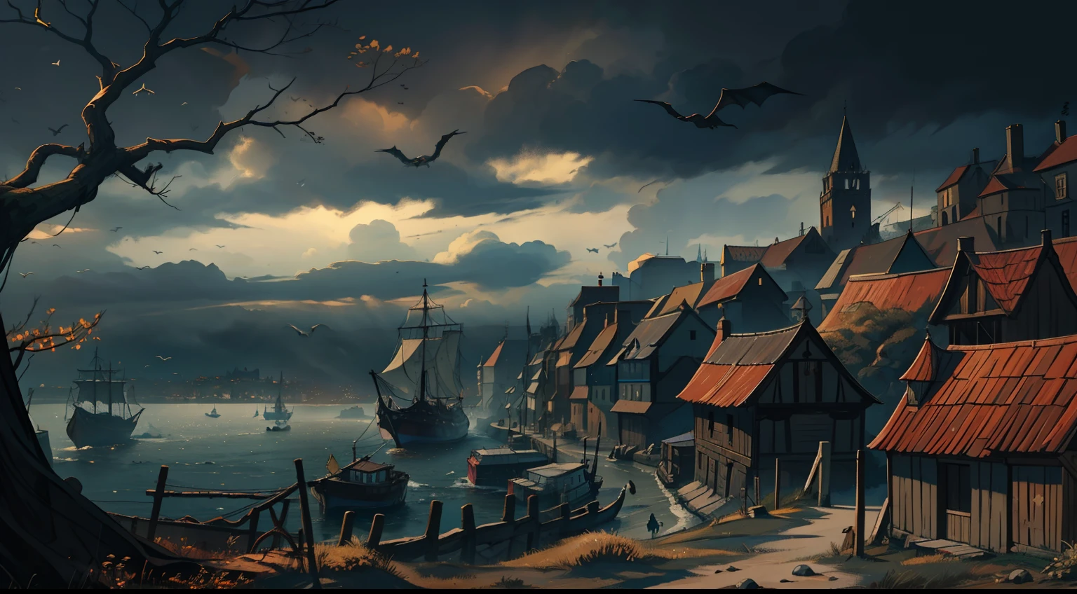 as ruas de uma cidade medieval com diversas casas de madeira no litoral um ambiente sombrio deserto com cores sombrias e avermelhadas escuras um continente que sofre com uma praga, Dark grey sky with dark black clouds low lighting many shadows A gloomy environment of terror and dark autumn trees A dark and dark environment like medieval Gotham An RPG setting A city on the coast with a harbor full of pirate ships An illustration for medieval RPG Medieval art RPG art A medieval town full of wooden houses medieval village Wooden houses and the sea on the horizon