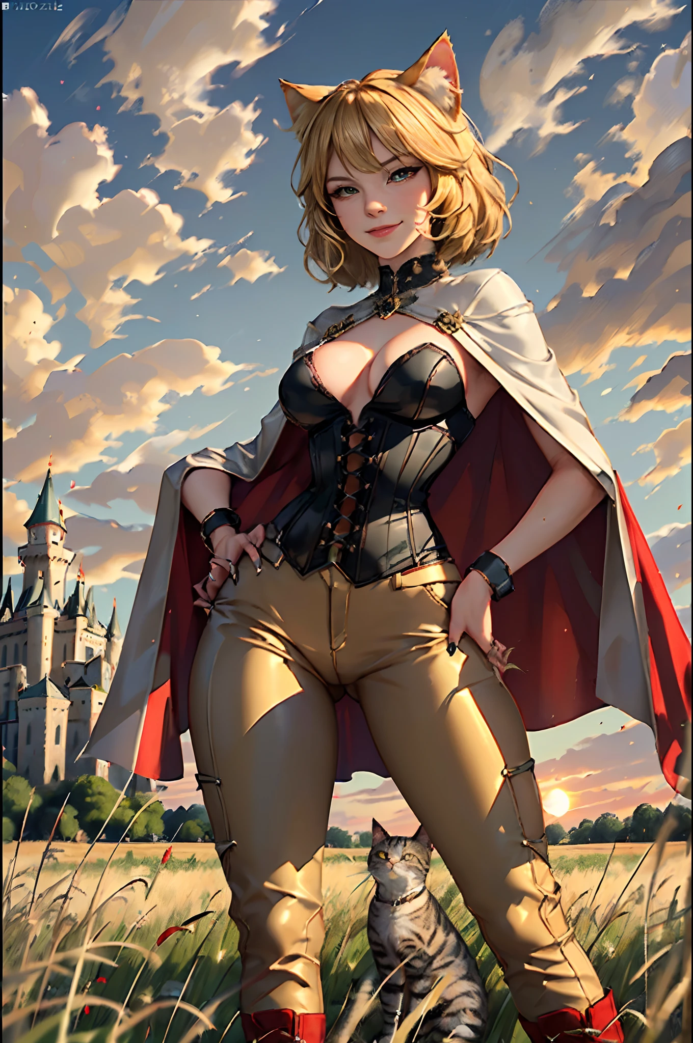 (masterpiece), (best quality), (detailed), (8k), (cinematic lighting), (sharp focus), (intricate), Catgirl thief standing with one hand on her hip the other lifted up near her face showing off her claws, short blonde hair,skintight beige pants, black boots, white corset, catbell coller, red cloak, blonde cat ears, blonde cat tail, large yellow cat eyes, cat claws, smirking, (grassy field in front of massive castle:1.3) (sunset:1.1) mist ray tracing z pass