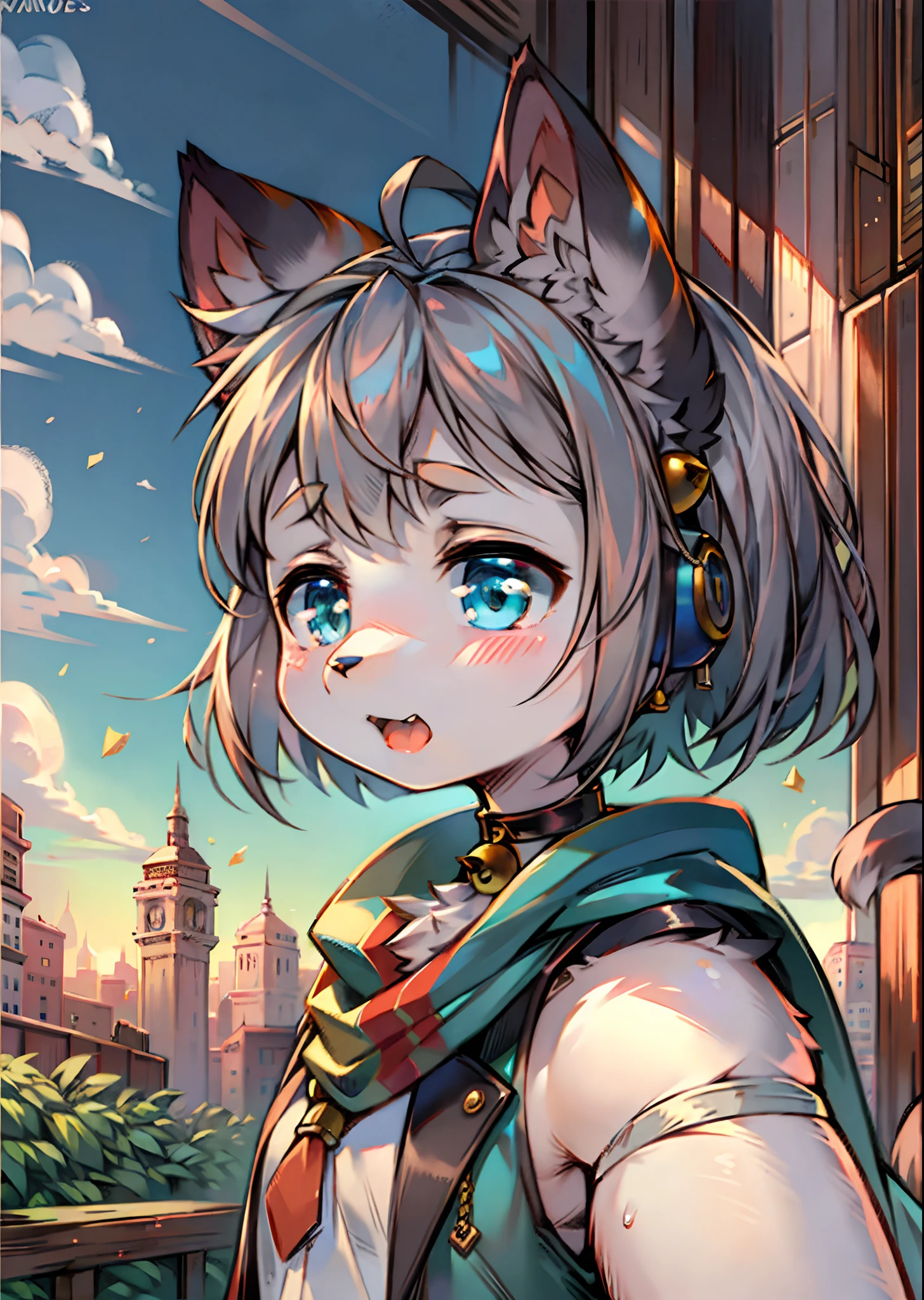 spheres，trpical garden，Adhesive bandage，short detailed hair，Dark gray hair，ahoge，Bell collar，Earphone，lowerbody，Gamine，hairy pubic，Cat ears，with her mouth open，​​clouds，daysies，Skysky，suns，in summer，No spots，Cubs，Dark gray hairs everywhere，Dark gray fur everywhere，Cat ears，Cat type，Big fluffy tail，tmasterpiece，High-quality portraits，human - shaped，Cubs，sbeard，Solitary child boy，ventania，posing on a，full-shot，Sky blue coat，grey shorts，Yellow scarf，White color blouse，Super cute face，mano，meat mat，Layered，Furry，Green and blue eyes, one left and one right
