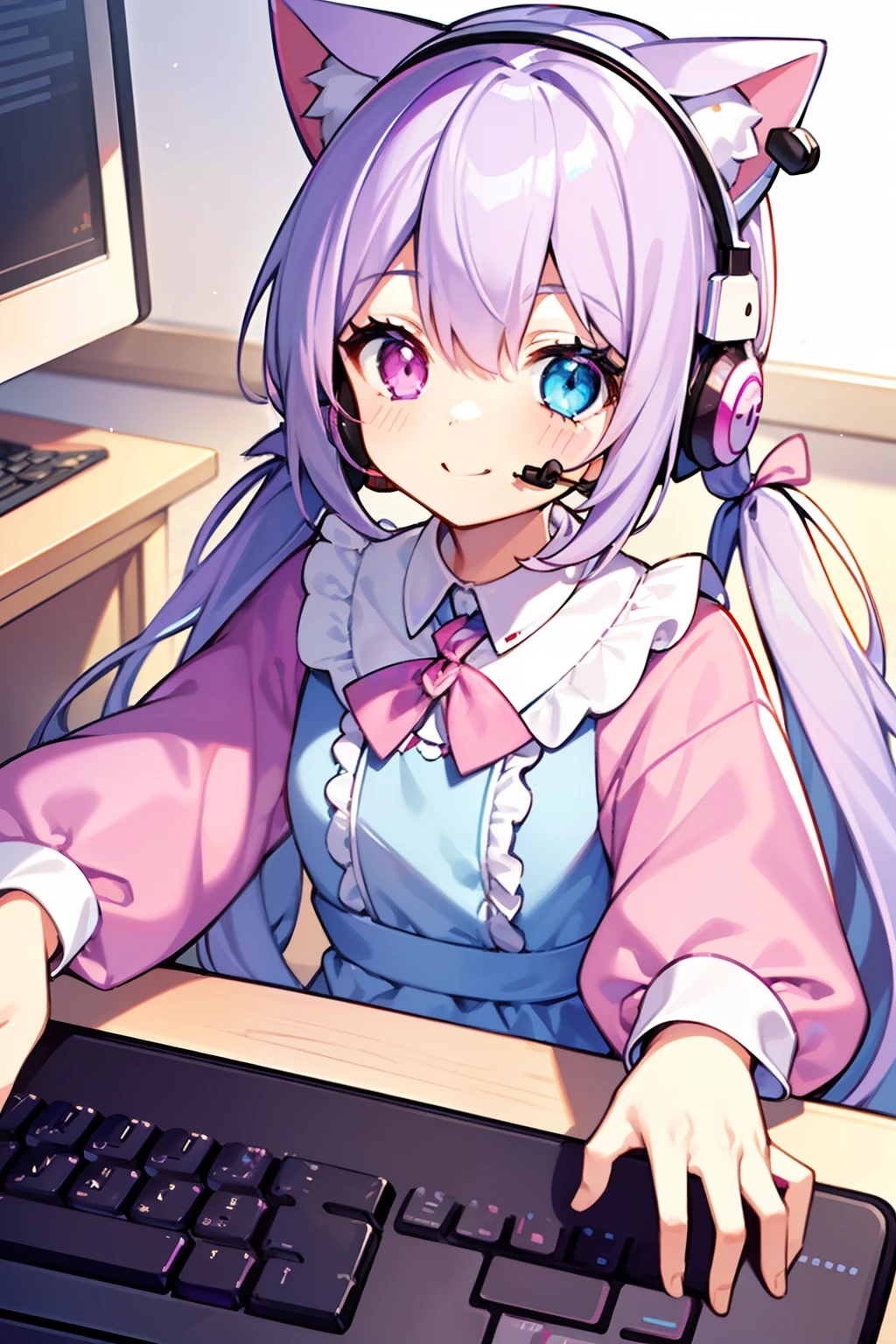 masterpiece, best quality, 1girl, solo, light purple hair, long hair, twintails, Heterochromia, ((pink right eye)), ((light blue left eye)), cute dress, long sleeves, frilled, smiling, looking at viewer, a white rabbit hair pin, ((cat ear gaming headset)), typing on the keyboard, in the room, computer