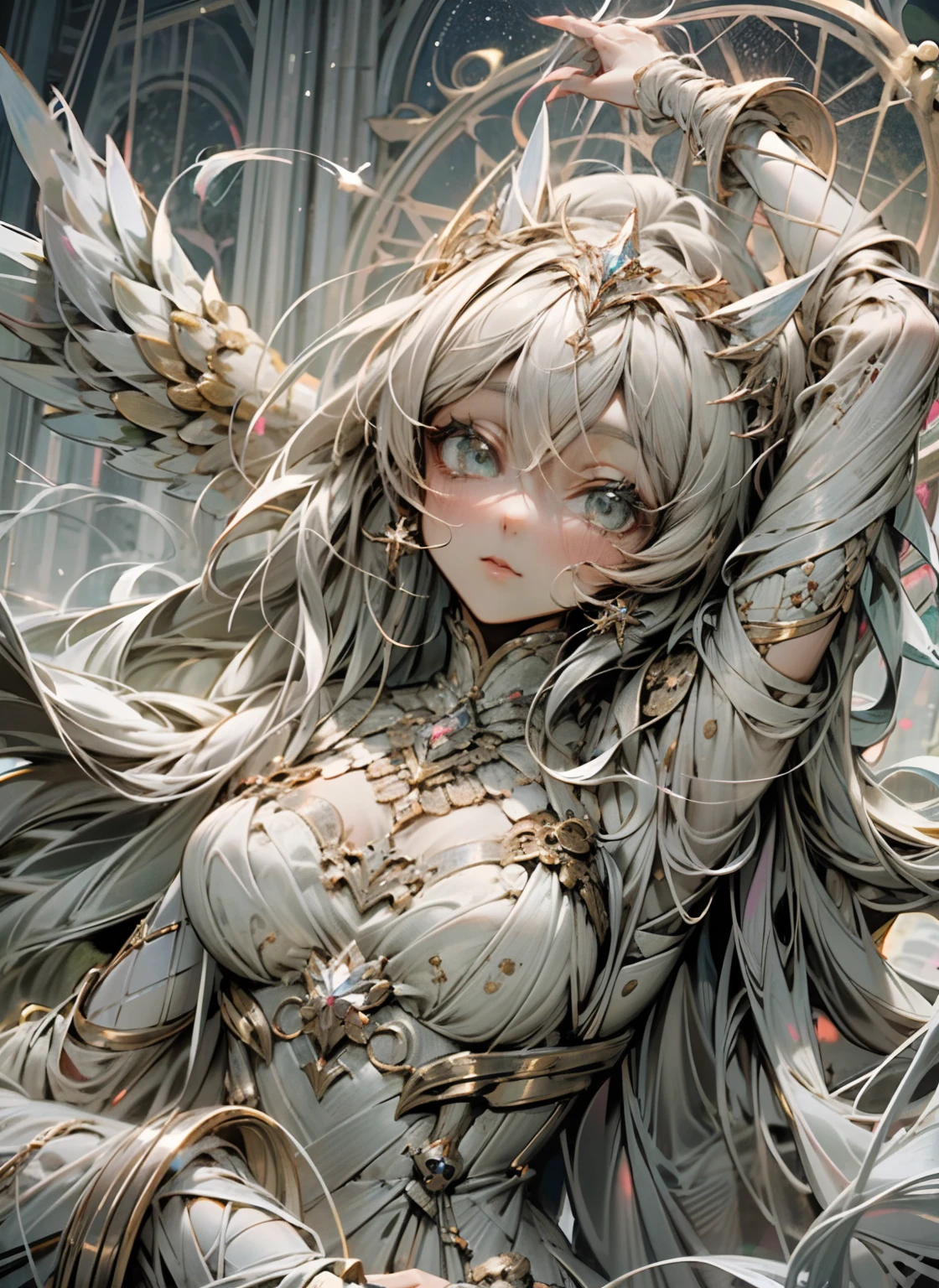 UHD, obra-prima, anatomicamente correto, super detalhe, alto detalhe, alta qualidade, Concedido, mais alta qualidade, alta resolução, 8k, mulher modelo flutuando levemente no ar, (local) interior futurista da nave espacial, (((The audience is angel)), clothes that fuse machines and new dresses. Only the template is displayed. Luz deslumbrante, Halo deslumbrante, Roboto, android, complex machine, Modelo de moda Idloid, sorrir, high exposure, pele humana, vestido luxuoso, (Medieval aristocratic dress: 1.3), Observer Clock, soft metal fabric, vestido de corrida branco de neve bonito, artistic Race, (pernas humanas, pernas bonitas da pele, pernas bonitas. The concrete representation of love is an ethereal and luminous structure that radiates warmth and brightness. Ela se assemelha a um delicado cristal tridimensional, formed by an intricate network of interwoven golden threads. Esses fios de ouro irradiam suavemente uma luz suave, que varia entre tons quentes de rosa, vermelho e dourado. The structure is fluid, como se estivesse constantemente se movendo, pulsing in tune with the heartbeat of those who observe it;. as the observer approaches, a estrutura parece responder ao seu estado emocional, changing your intensity and patterns of light to reflect the depth of the feeling of love present. As extremidades dos fios dourados se estendem como raios, conectando-se com outras estruturas semelhantes, symbolizing the connections and relationships that love creates.
