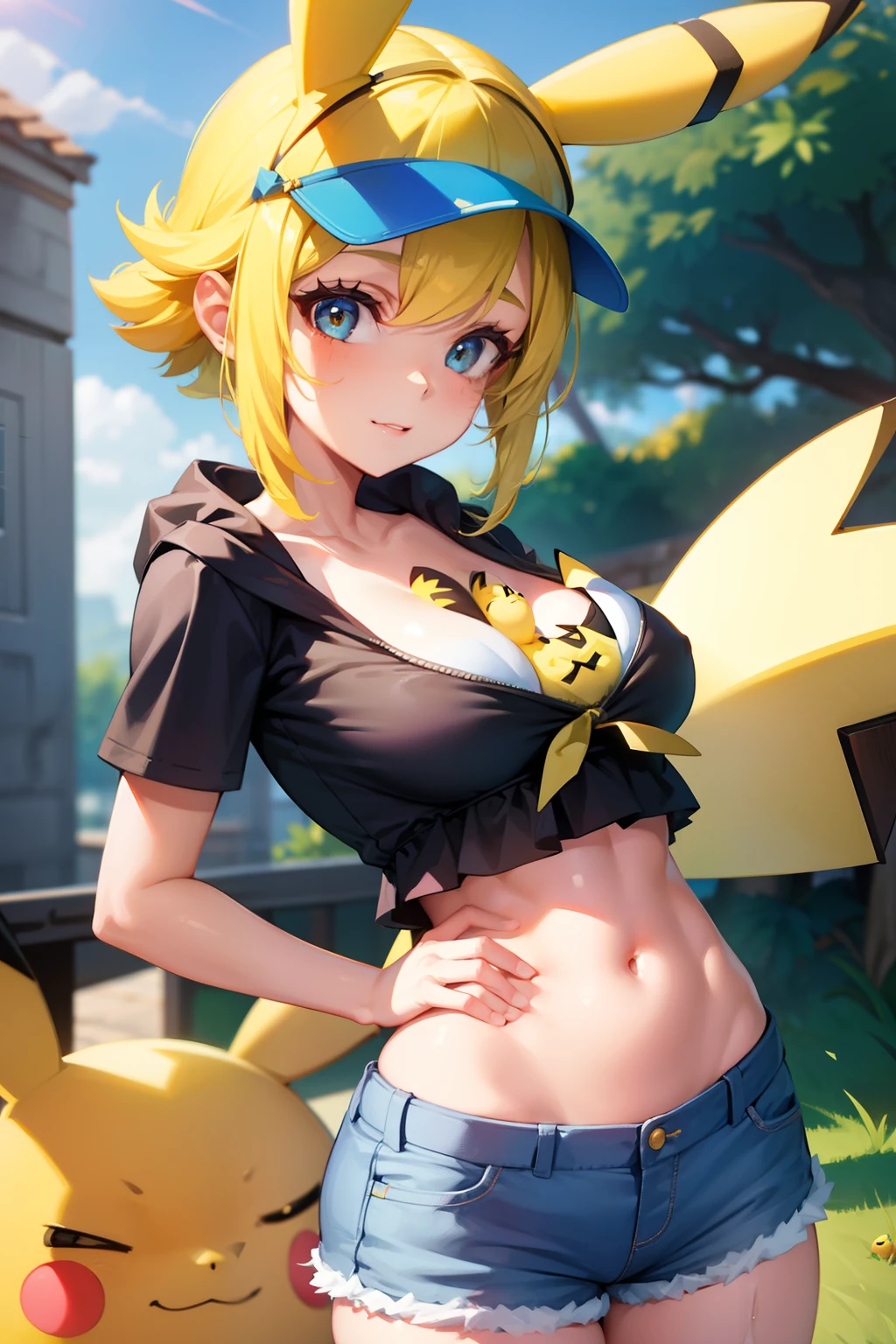1girl, between breasts, crop top, cleavage, pikachu, shorts,, masterpiece, best quality, highly detailed