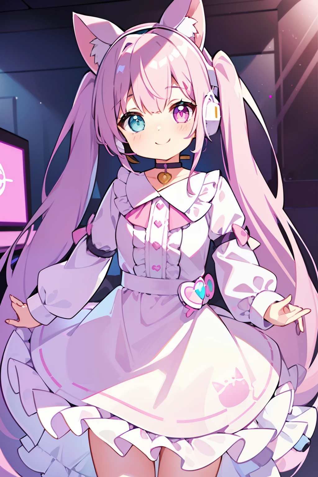 masterpiece, best quality, 1girl, solo, light purple hair, long hair, twintails, Heterochromia, ((pink right eye)), ((light blue left eye)), cute dress, long sleeves, frilled, smiling, looking at viewer, a white rabbit hair pin, ((cat ear gaming headset)), typing on the keyboard, cute mouse, in the room, computer, laughing