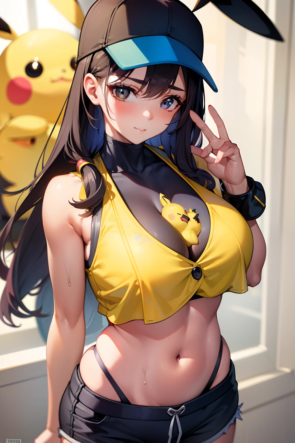 1girl, between breasts, crop top, cleavage, pikachu, shorts,, masterpiece, best quality, highly detailed