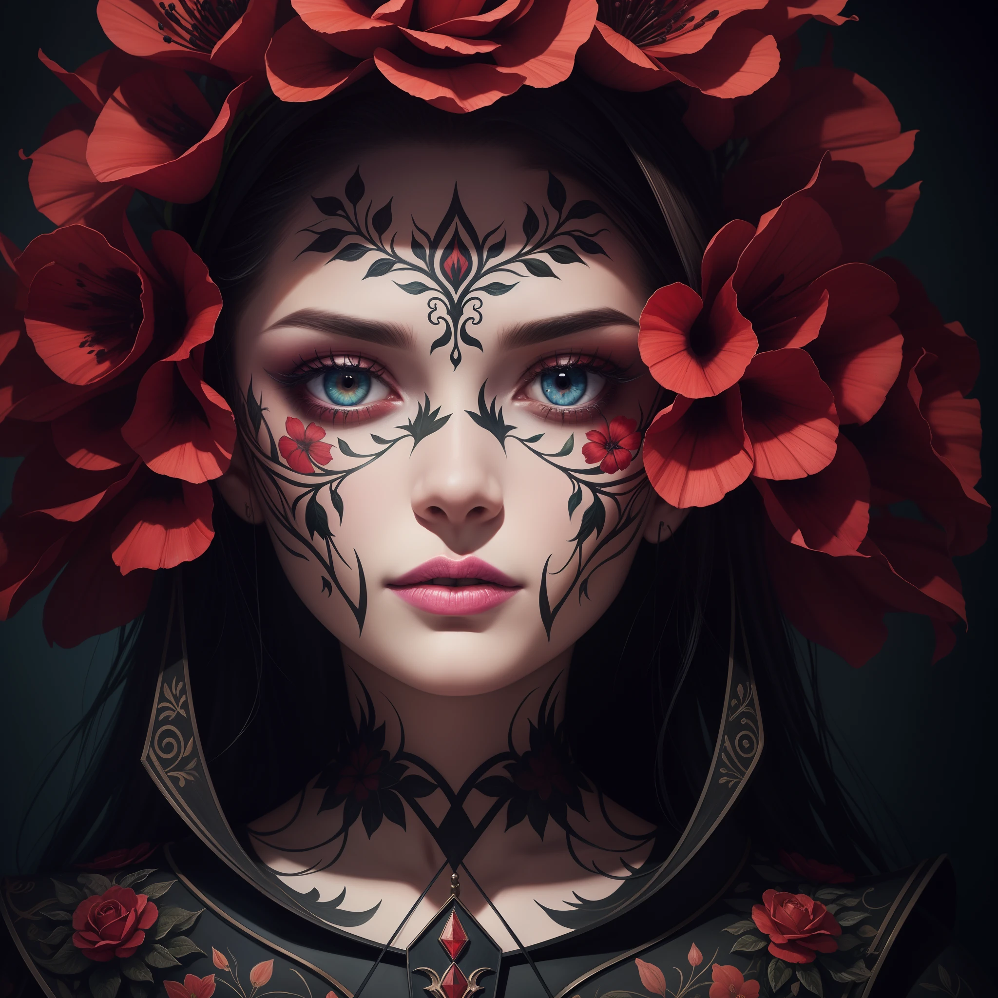a close up of a woman (Adriana Lima :1.1) red lips, green eyes, with a skull makeup and roses, close-up portrait goddess skull, dia de los muertos. 8 k, queen of the dead, 4k highly detailed digital art, stunning digital illustration, highly detailed digital artwork, anime skull portrait woman, karol bak uhd, jen bartel, portrait of a sugar skull, dia de muertos
