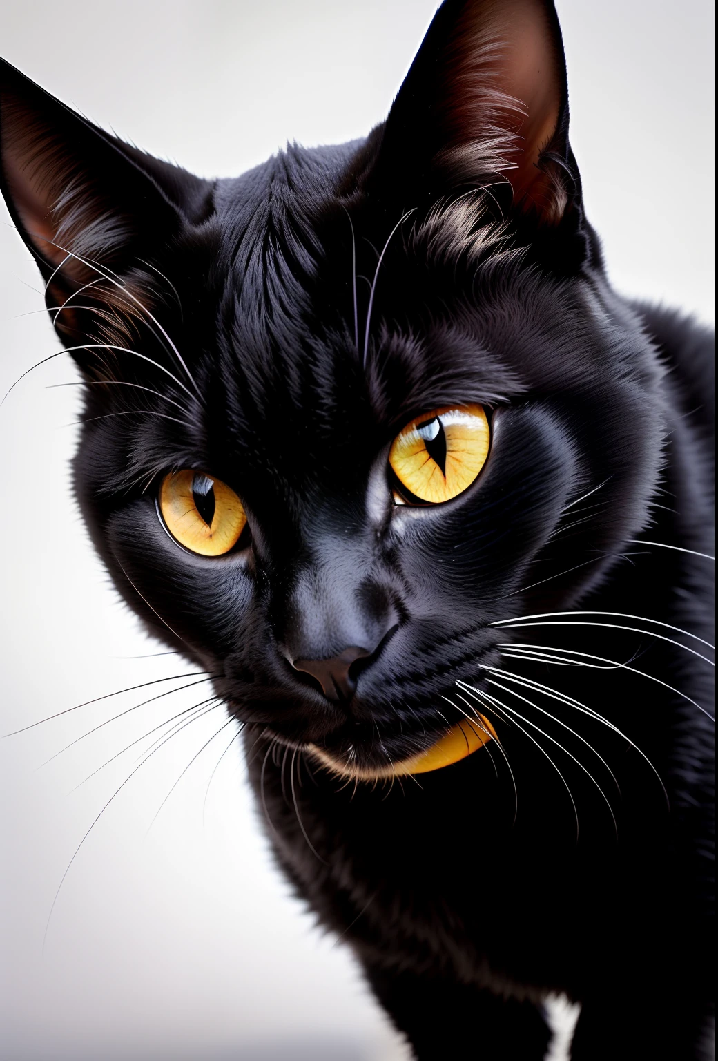 There is a black cat with a gold medal on its collar, gato preto, gato preto tirando uma selfie, foto de um gato, foto do gato, Um gato, Tem um olhar penetrante, menacingly!, com olhos amarelos brilhantes, Tomada com Canon 8 0 D, looking-into-camera, furtivo, looking-into-camera, looks into the camera