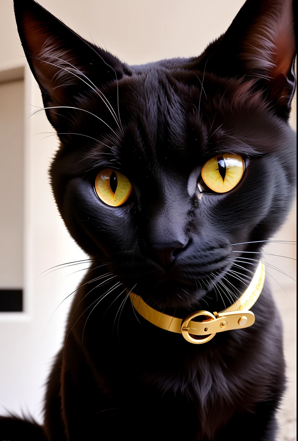 There is a black cat with a gold medal on its collar, gato preto, gato preto tirando uma selfie, foto de um gato, foto do gato, Um gato, Tem um olhar penetrante, menacingly!, com olhos amarelos brilhantes, Tomada com Canon 8 0 D, looking-into-camera, furtivo, looking-into-camera, looks into the camera