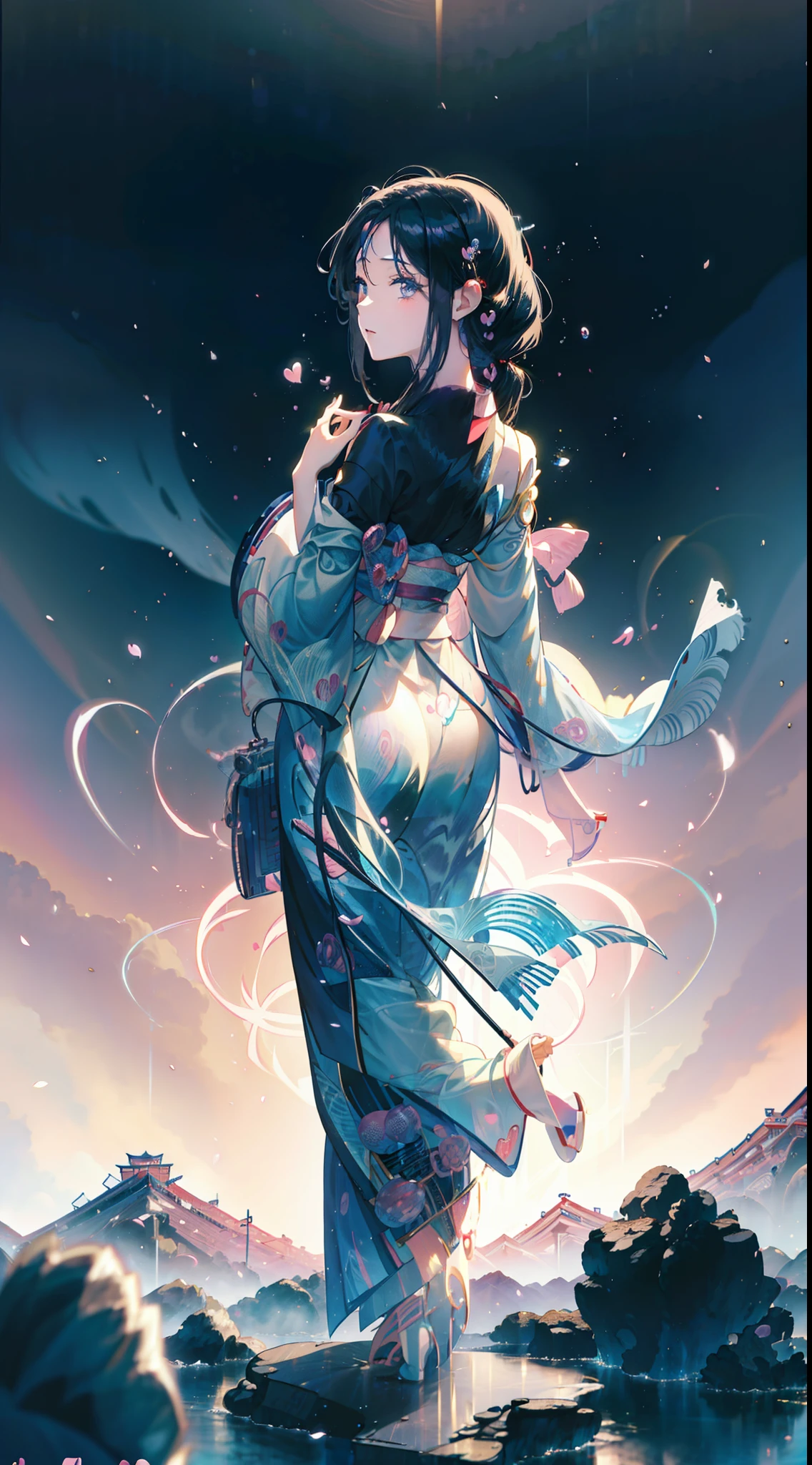 watching at viewers、Background with Summer Festivals、poneyTail、Woman with shiny black hair、Indigo kimono、Depict a beautiful and graceful woman of Japan。full body Esbian。 beautiful anime artwork, beautiful anime art, Anime art wallpaper 8k, beautiful fantasy anime, Beautiful anime, Detailed anime artwork、face perfect、heart pattern in eyes