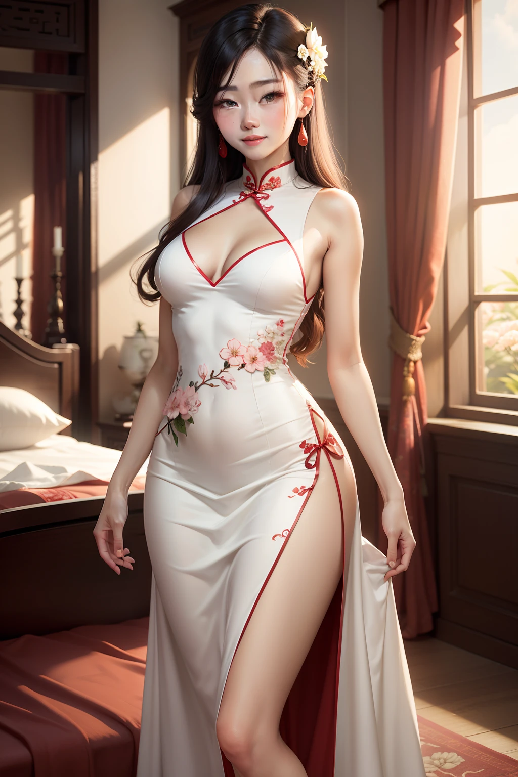 Cream white high slit cheongsam，The chest is embroidered with peach blossoms，There is a smile at the corner of his mouth，Tall and tall，The right hand crosses the waist，There are burnt marks on the fingers of the left hand，Affectionate look，Bed in the background，Clothes are tight，Bare-armed，Beautiful face