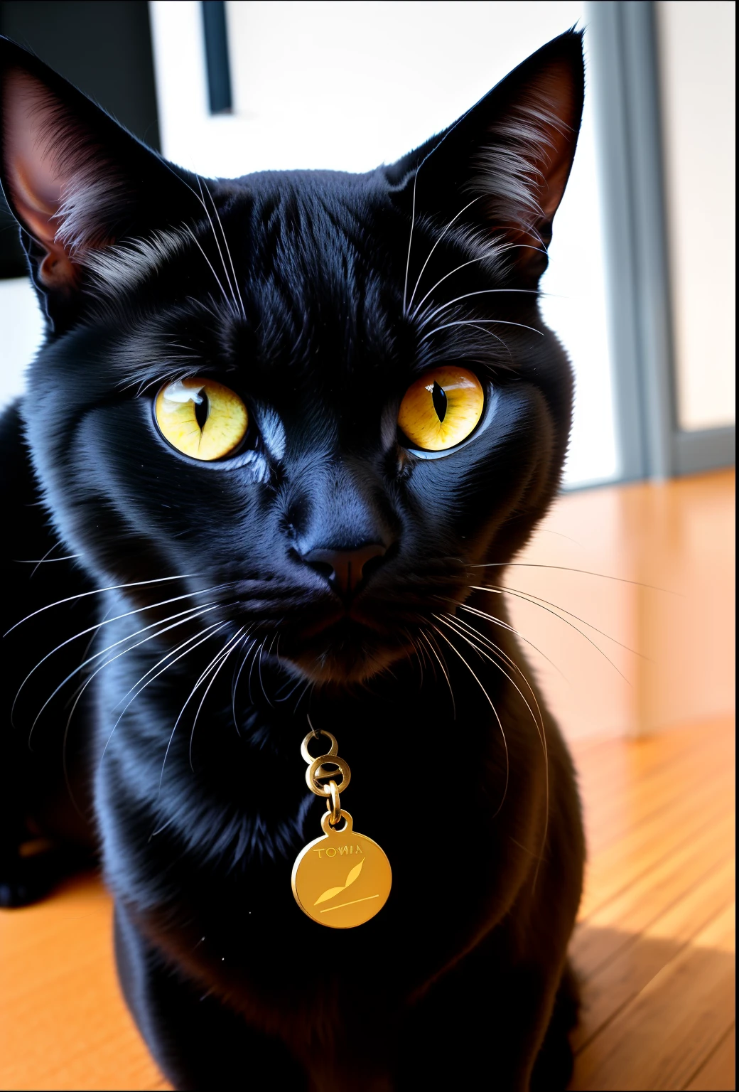 There is a black cat with a gold medal on its collar, gato preto, gato preto tirando uma selfie, foto de um gato, foto do gato, Um gato, Tem um olhar penetrante, menacingly!, com olhos amarelos brilhantes, Tomada com Canon 8 0 D, looking-into-camera, furtivo, looking-into-camera, looks into the camera