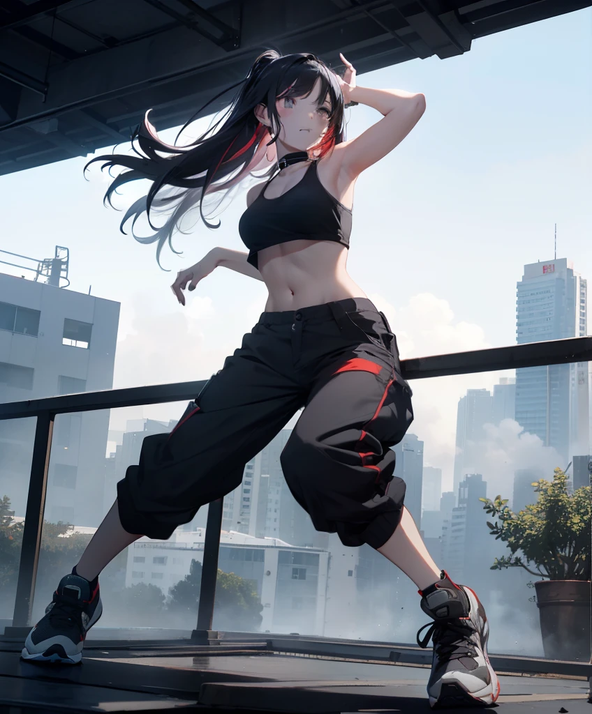 dance、Artistic jumps、break dance、Strenuous movements、Collapsed Western-style cityscape、Broken advertising billboard、Signs of breakage、Cracked concrete walls、Paint Art Wall、Cracked bricks、独奏、Fluttering hair、Beautuful Women, a small face、de pele branca、abdominals、17 age、constricted thin waist、Beautiful and balanced limbs、refer５Boken、perfectly proportions、Bright smile、(Gradient color of black red hair、disheveled long hair)、(Cargo pants、Tank Tops、White sneakers)、(masuter piece:1.3)、(in 8K、top-quality: 1.4、​masterpiece、 The ultra -The high-definition、 Top resolution,、ighly detailed、 profetional lighting、 Gray Light Lighting、Low angle from below、Blowing steam into the landscape、Fog in the landscape、Foggy、
