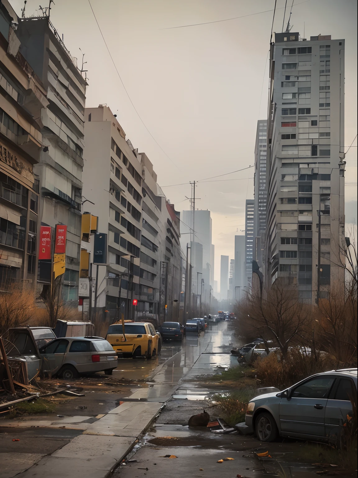 Abandoned metropolis，Dilapidated city streets，After the apocalypse，Abandoned cars，weeds，Wet ground，telephone poles，wild animals，Plants climb all over the building，Gloomy atmosphere，armored concrete，the complex background，tmasterpiece，Storytelling images，high qulity，A high resolution，Cinema lenses