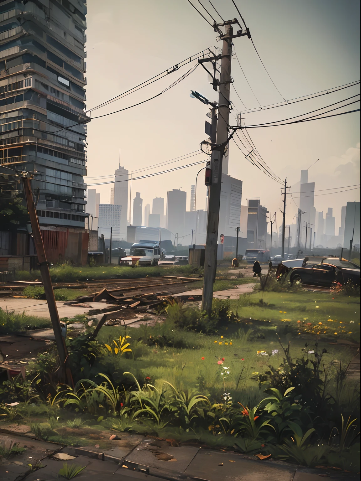 Abandoned metropolis,Dilapidated city streets,After the apocalypse,Abandoned cars,weeds,Wet ground,telephone poles,wild animals,Plants climb all over the building,Gloomy atmosphere,armored concrete,the complex background,tmasterpiece,Storytelling images,high qulity,A high resolution,Cinema lenses