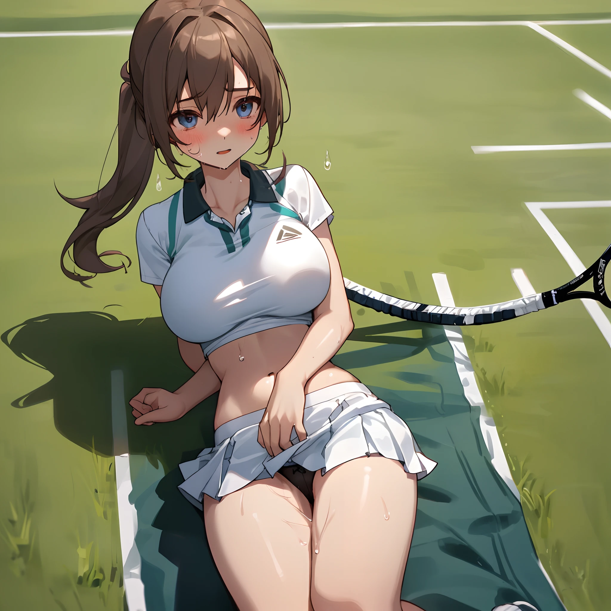 girl with、alone、large full breasts、Sharp body、Detailed eyes、poneyTail、Tennis Wear、a miniskirt、A slender、Smooth thighs、abdominals、white  clothes、A detailed face、Delicate skin、delicate hair、hightquality、realisitic、black panties、lawn、Dripping sweat