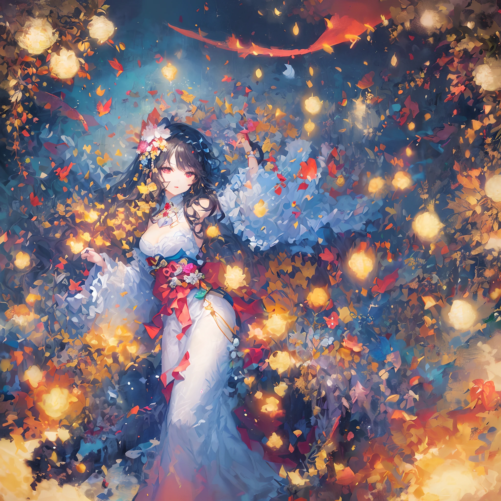 (masterpiece),((top-quality)),(offcial art),(Beautiful and indulgent:1.2),(1girl in:1.3),View Viewer,Small breasts,((Beauty with long black hair)),Countless paper cranes,breasts are small、BREAK,Beautiful woman in very beautiful kimono with the image of a snowy moon flower,Detailed drawing。Vibrant colors。colourfull、highestdetailed ((ultra-detailliert)),(Highly detailed 2D illustrations),((Extremely delicate and beautiful))Super Detail