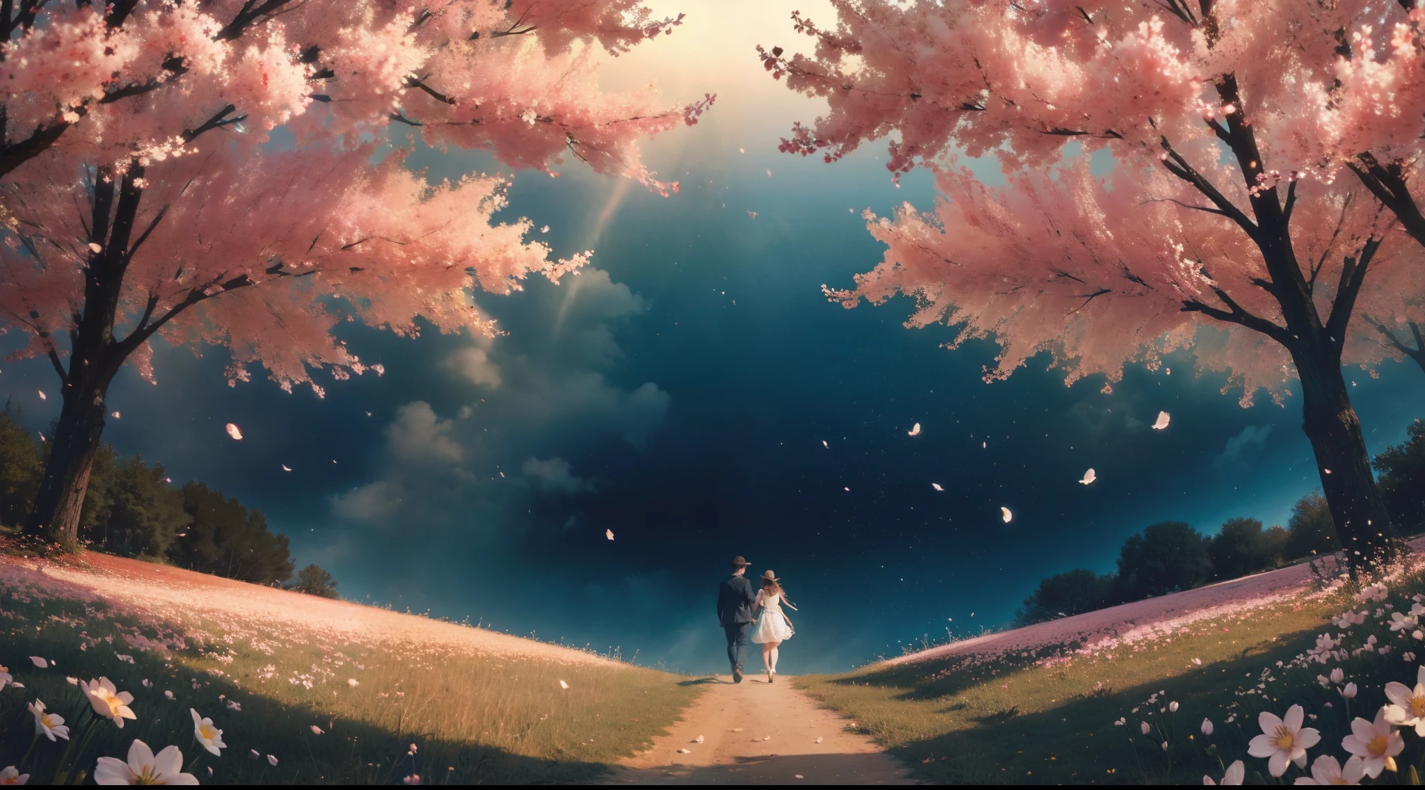 There is a couple walking down a path under a tree - SeaArt AI